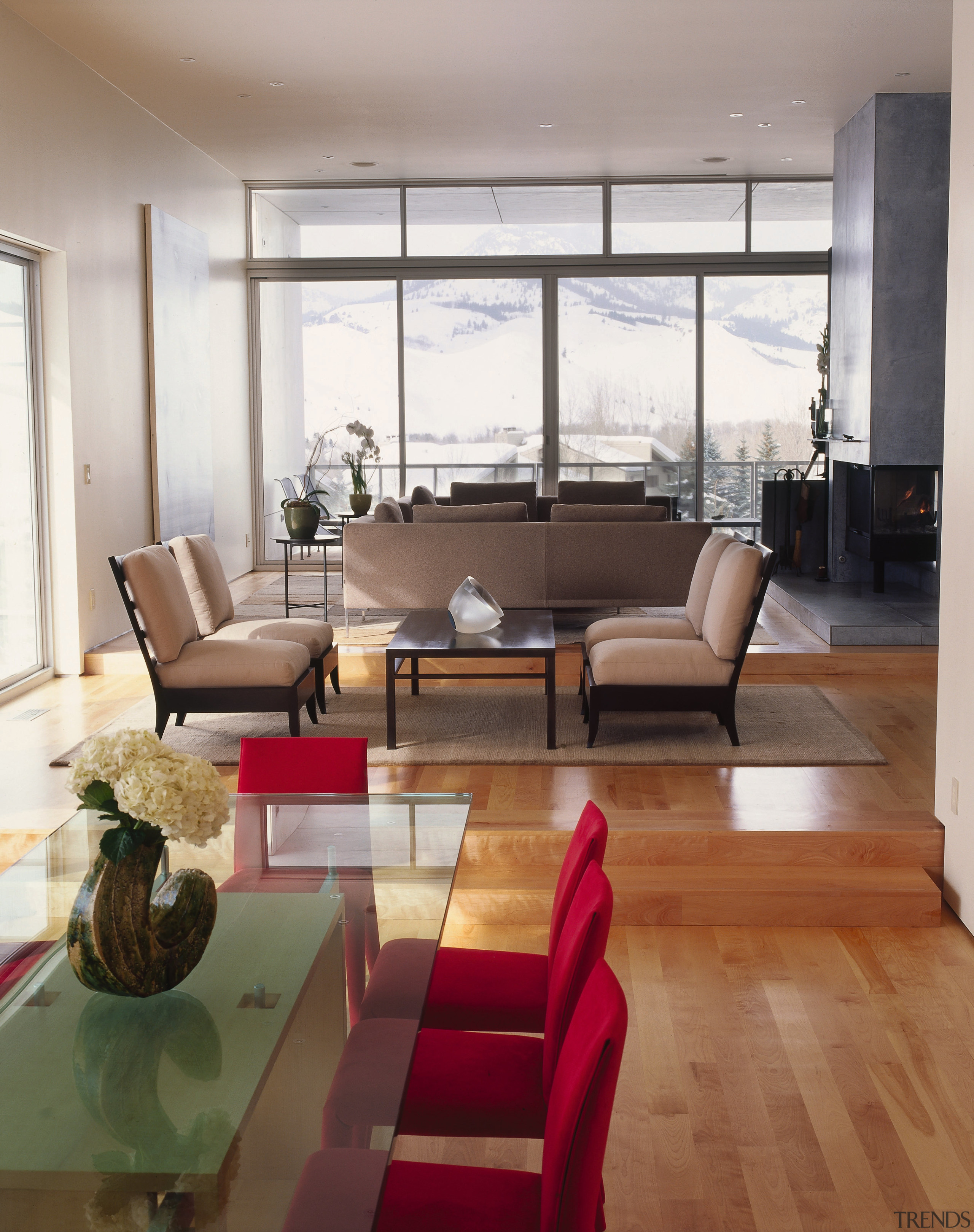 A view of the dining and living areas, ceiling, floor, flooring, furniture, hardwood, interior design, living room, loft, real estate, room, table, window, wood, wood flooring, white, brown