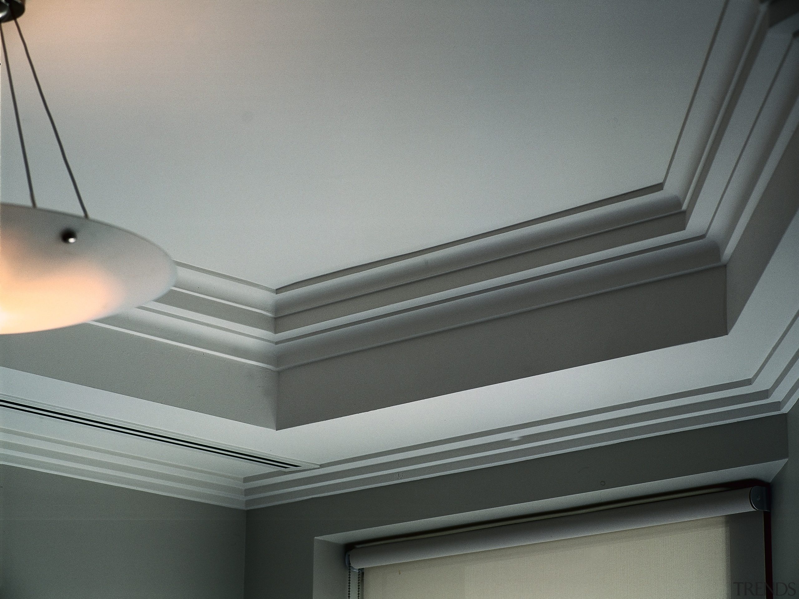 close up of joinery and lighting - close angle, ceiling, daylighting, daytime, light, light fixture, lighting, molding, plaster, product design, window, gray, black