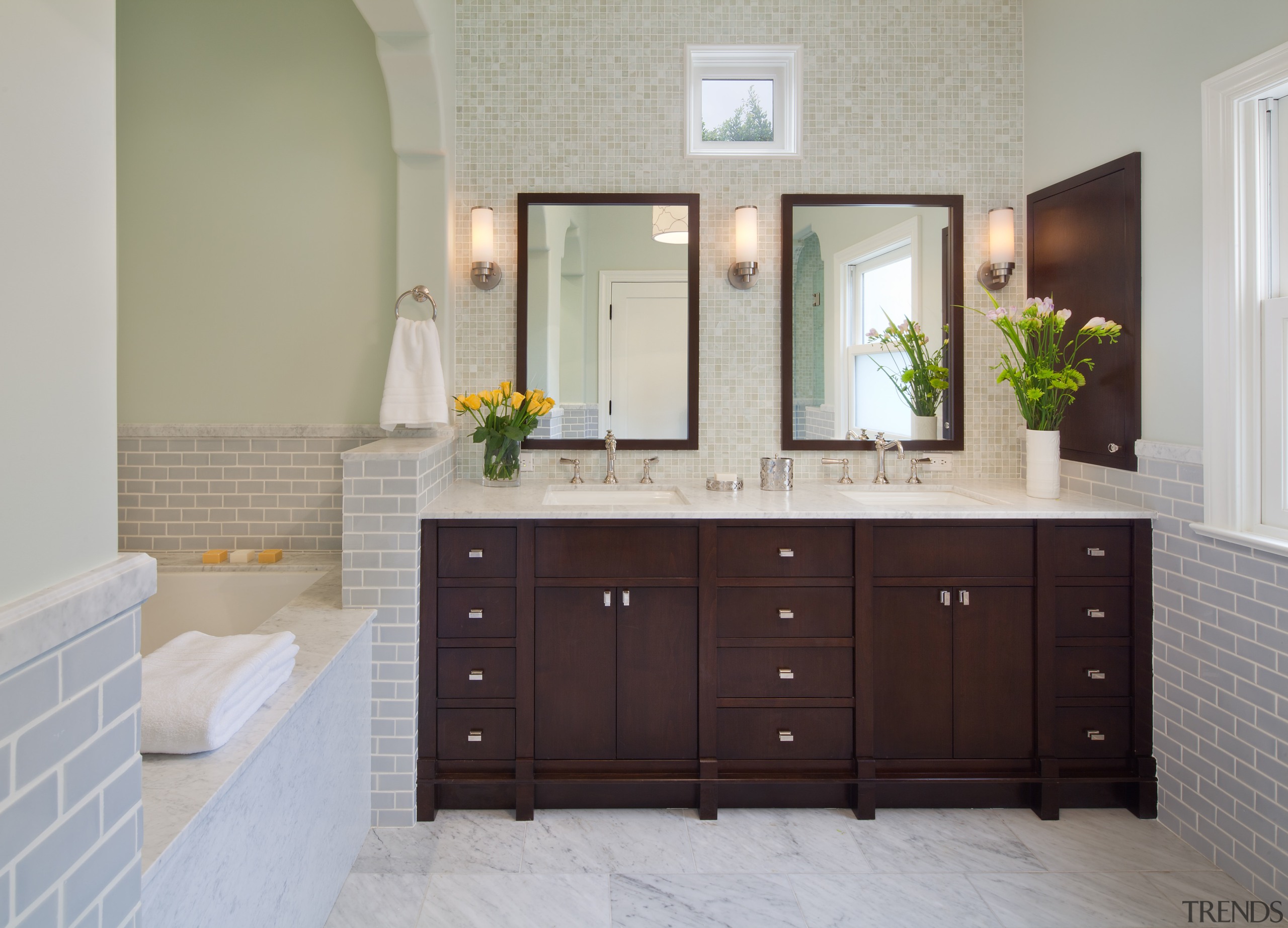 A dark wood vanity, cabinet door and mirror bathroom, bathroom accessory, bathroom cabinet, cabinetry, countertop, cuisine classique, floor, flooring, interior design, kitchen, room, sink, tile, gray