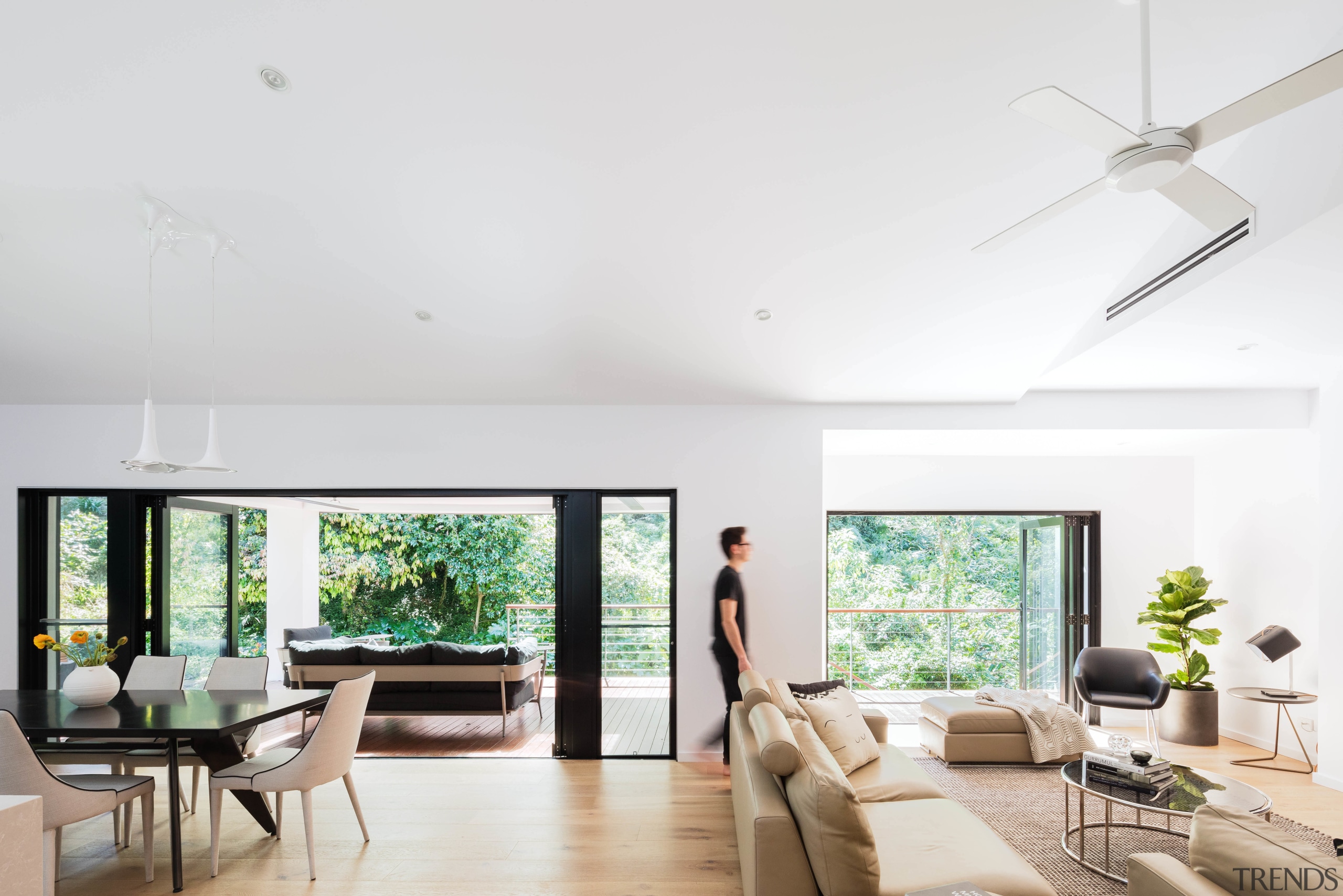 In this whole-house renovation by architect Melonie Bayl-Smith, ceiling, daylighting, home, house, interior design, living room, property, real estate, window, white