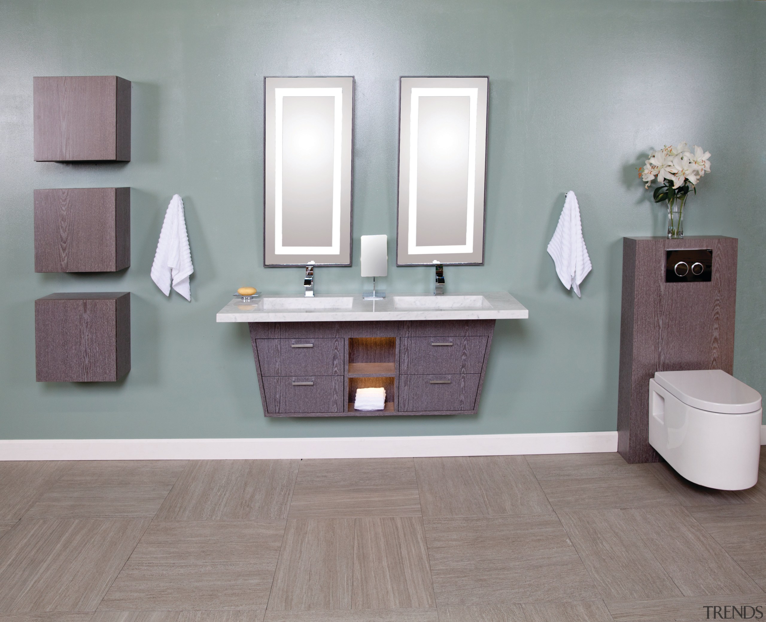 Libera vanities from Lacava are teamed with Zoom bathroom, bathroom accessory, bathroom cabinet, floor, flooring, hardwood, interior design, plumbing fixture, product, product design, purple, room, sink, tile, gray