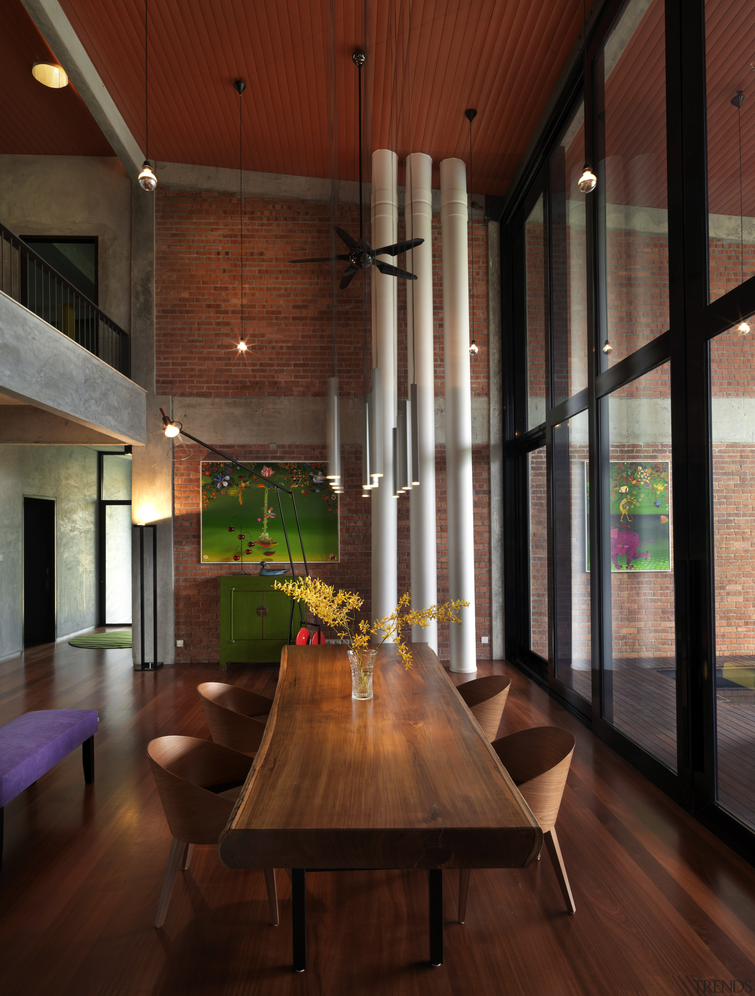 This house was designed by Dr Tan Loke architecture, ceiling, dining room, house, interior design, lobby, table, wall, wood, red