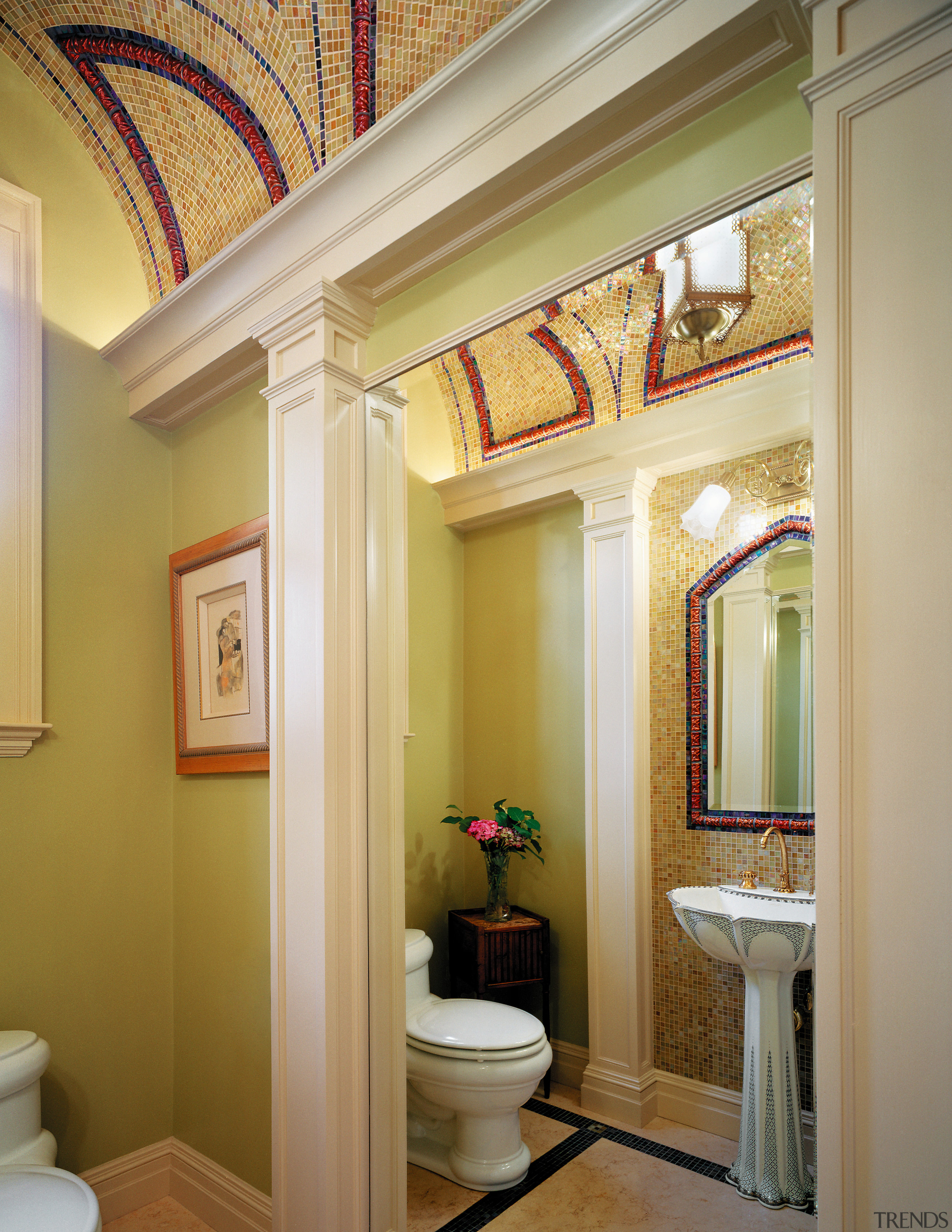 view of the bathroom featuring tiled flooring , bathroom, ceiling, column, home, interior design, room, wall, window, brown