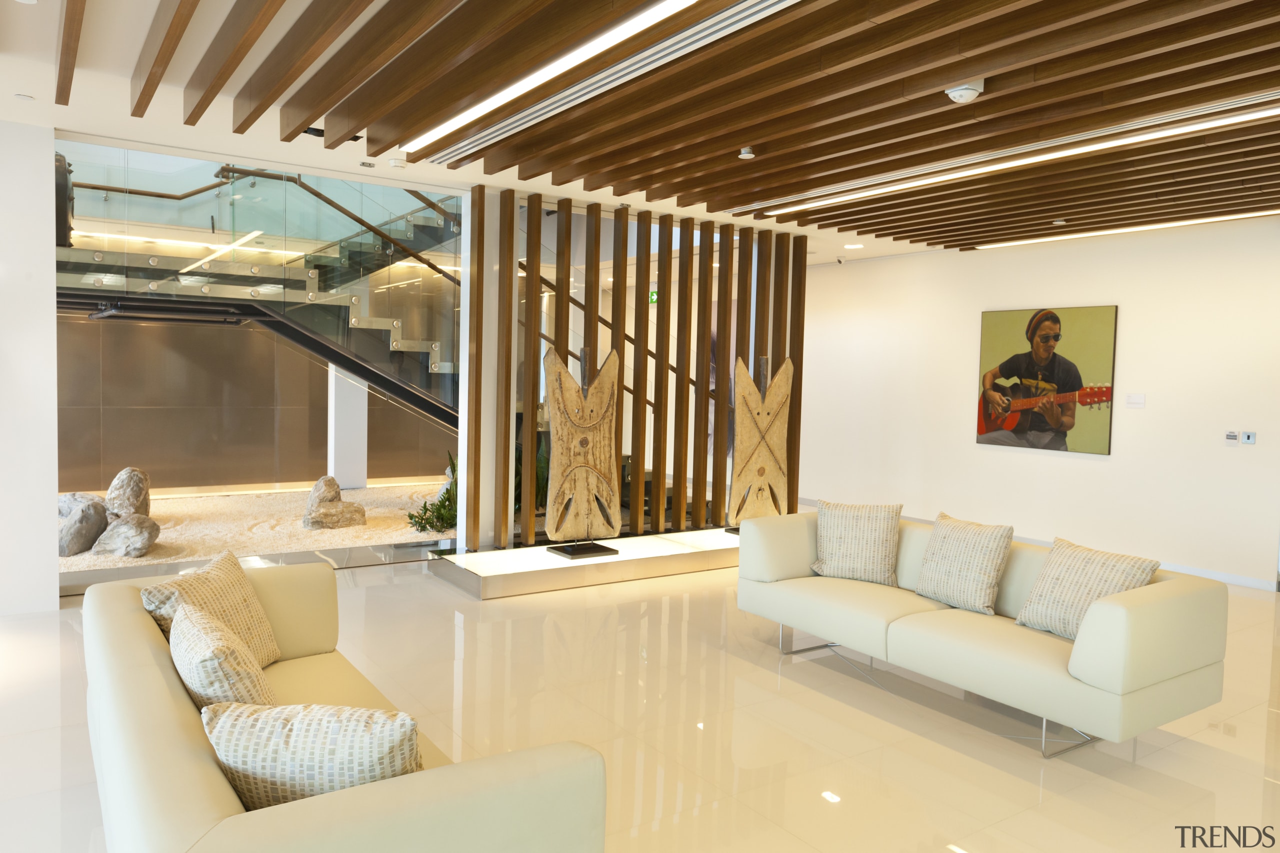 View of a contemporary corporate space with decorative architecture, ceiling, estate, house, interior design, living room, property, real estate, white, brown