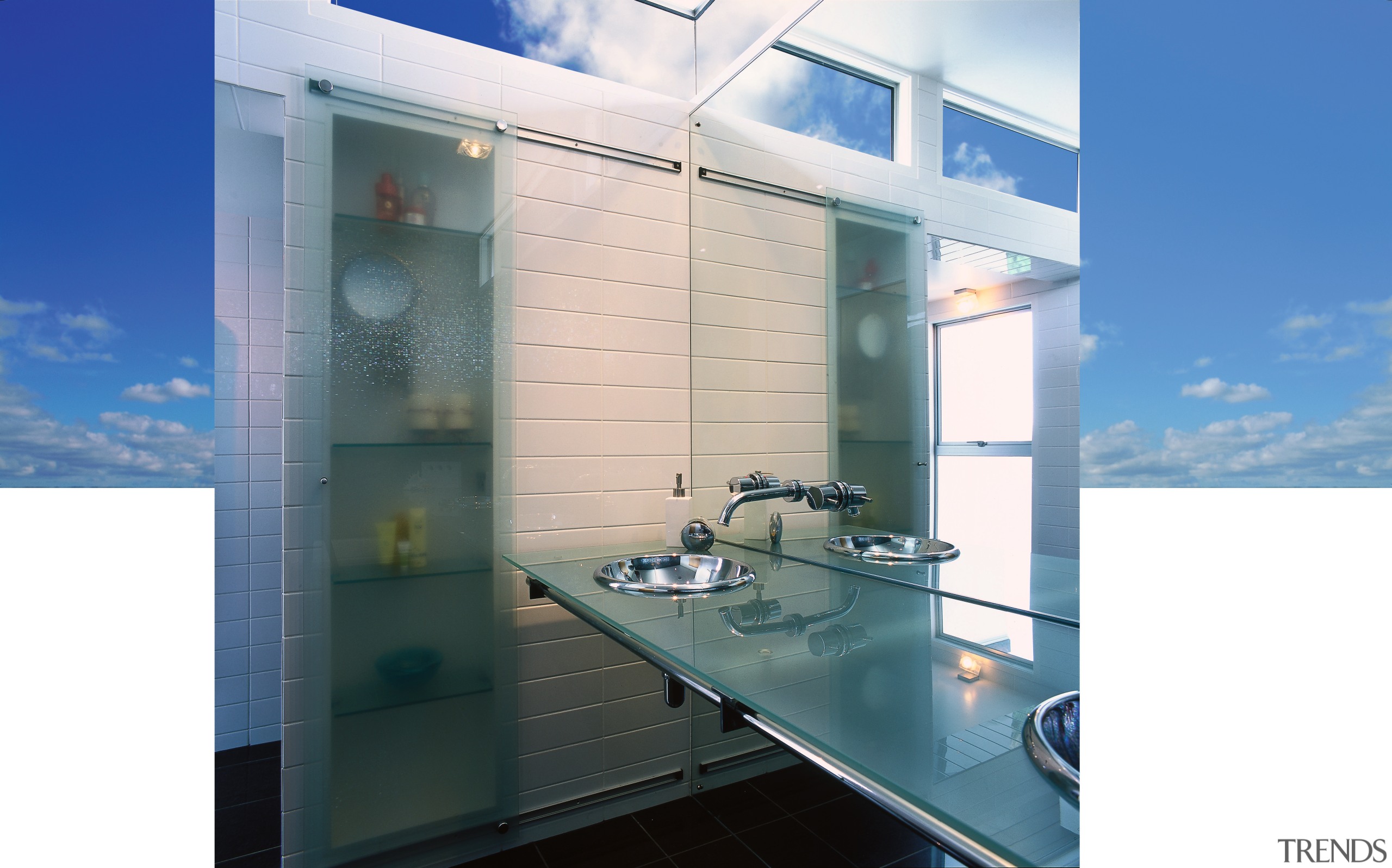 view of the single sheet glass vanity with architecture, daylighting, glass, interior design, property, real estate, white
