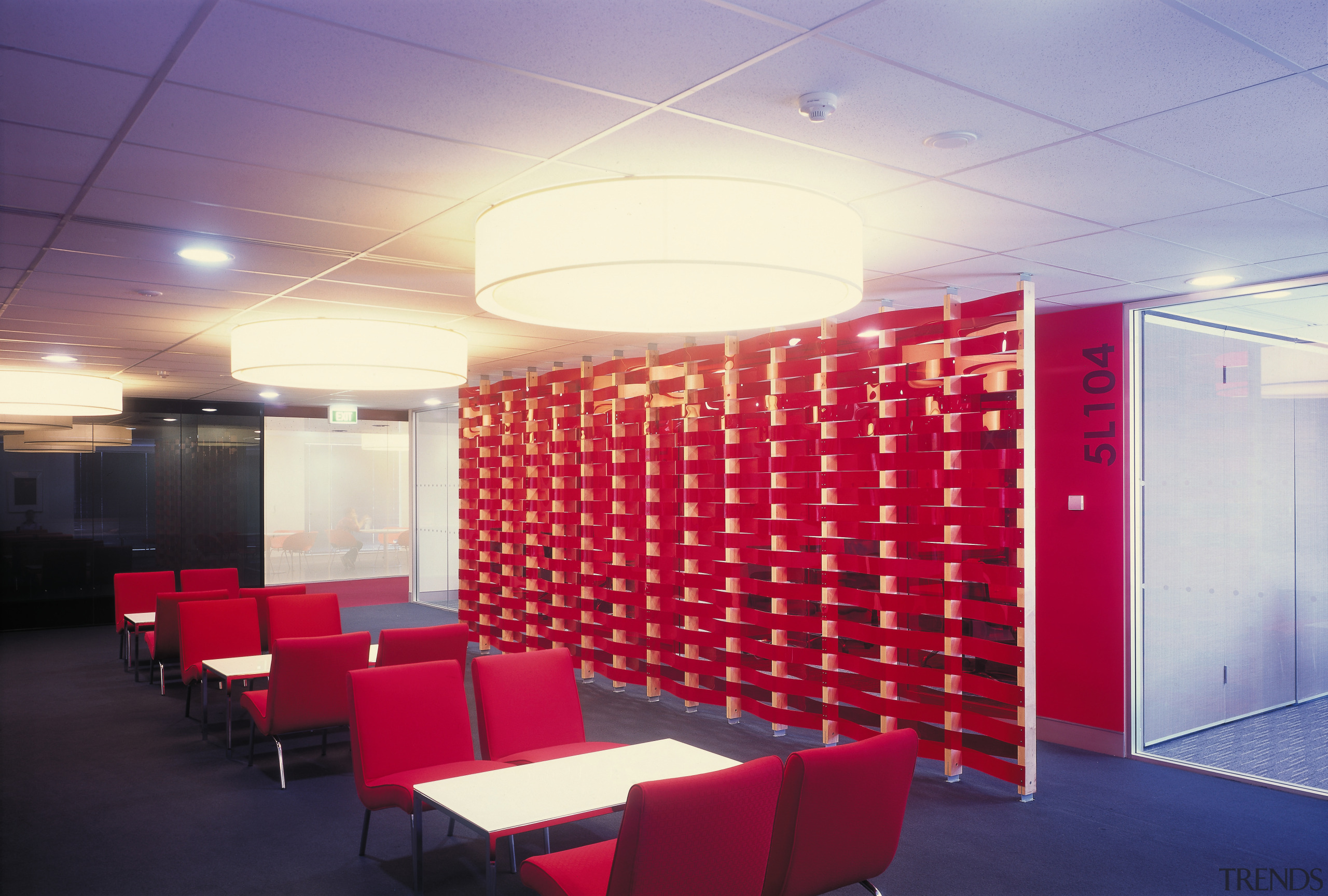 view of this informal office meeting area where architecture, auditorium, ceiling, conference hall, interior design, light, lighting, office, wall, purple, red