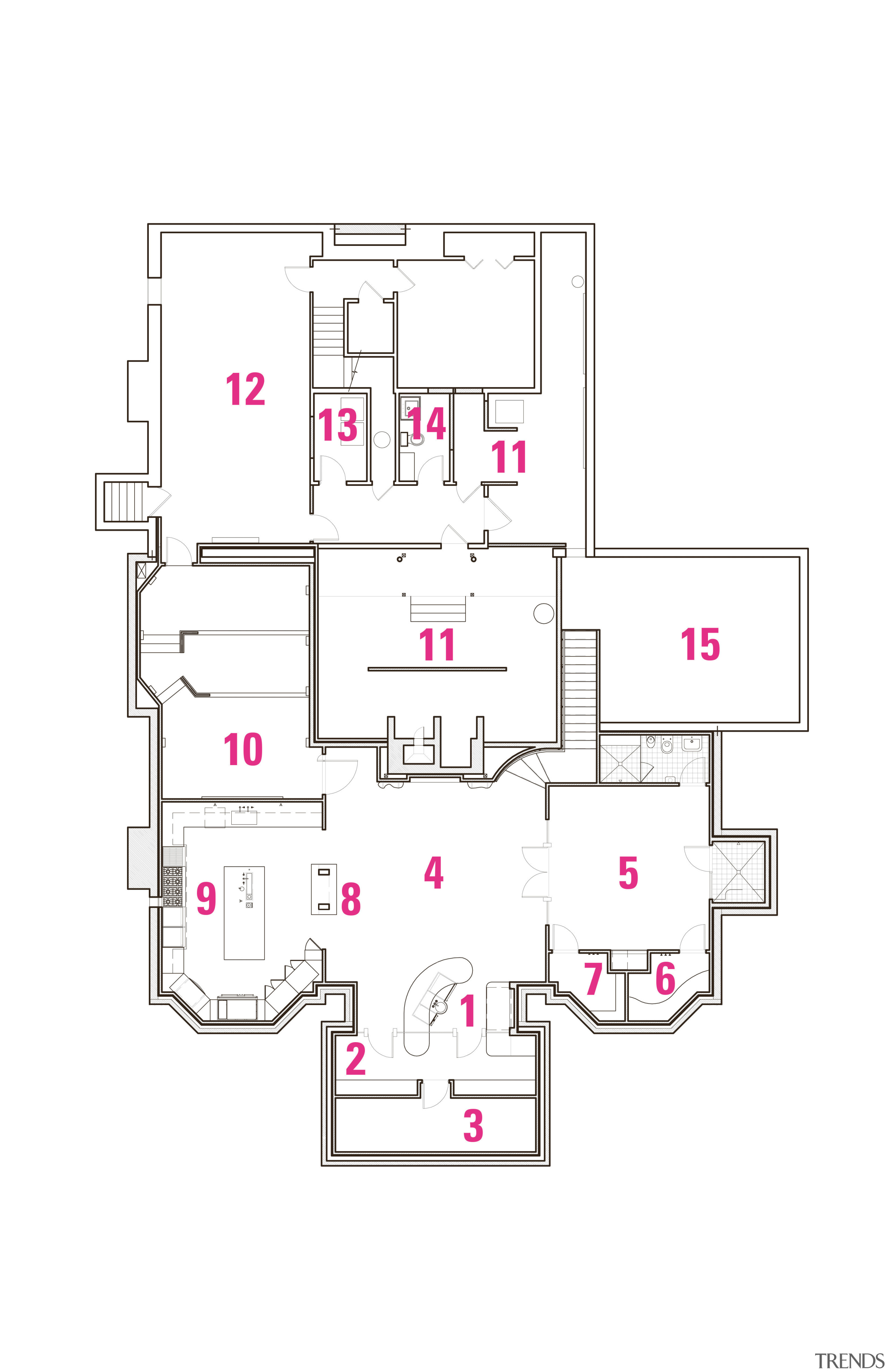 Legend to plan: 1 bar, 2 wine cellar, area, design, diagram, floor plan, line, plan, product, product design, white