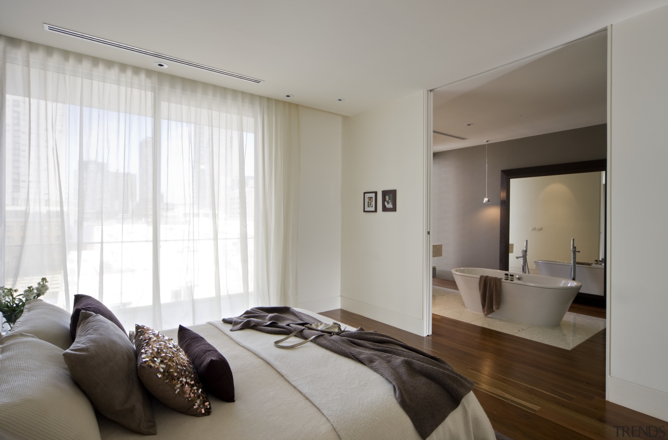 Master suite, featuring bed, linen, bedside table, timber bedroom, ceiling, home, interior design, property, real estate, room, suite, window, window covering, window treatment, gray