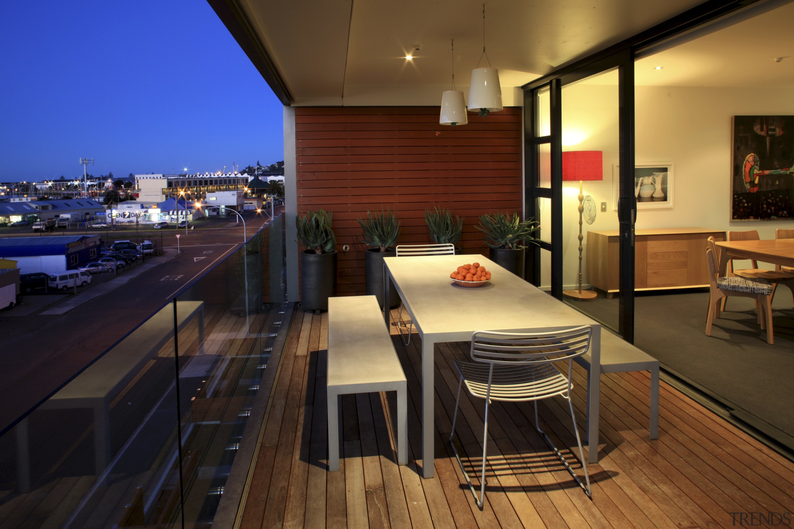 View of the deck with glass balustrade, decking, apartment, architecture, house, interior design, real estate, roof, brown, black