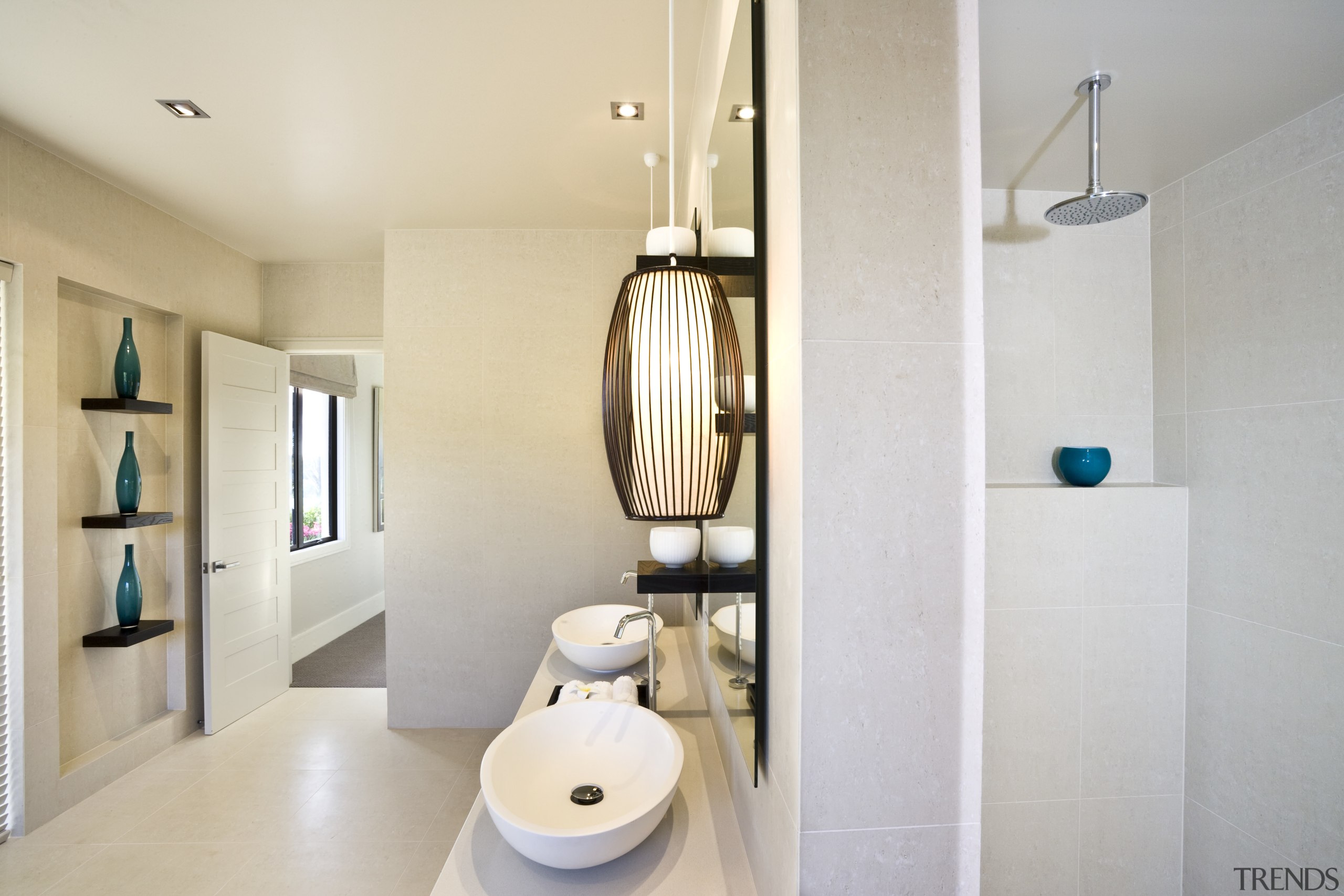 View of light-toned contemporary bathroom with white free bathroom, home, interior design, plumbing fixture, product design, room, sink, tap, gray