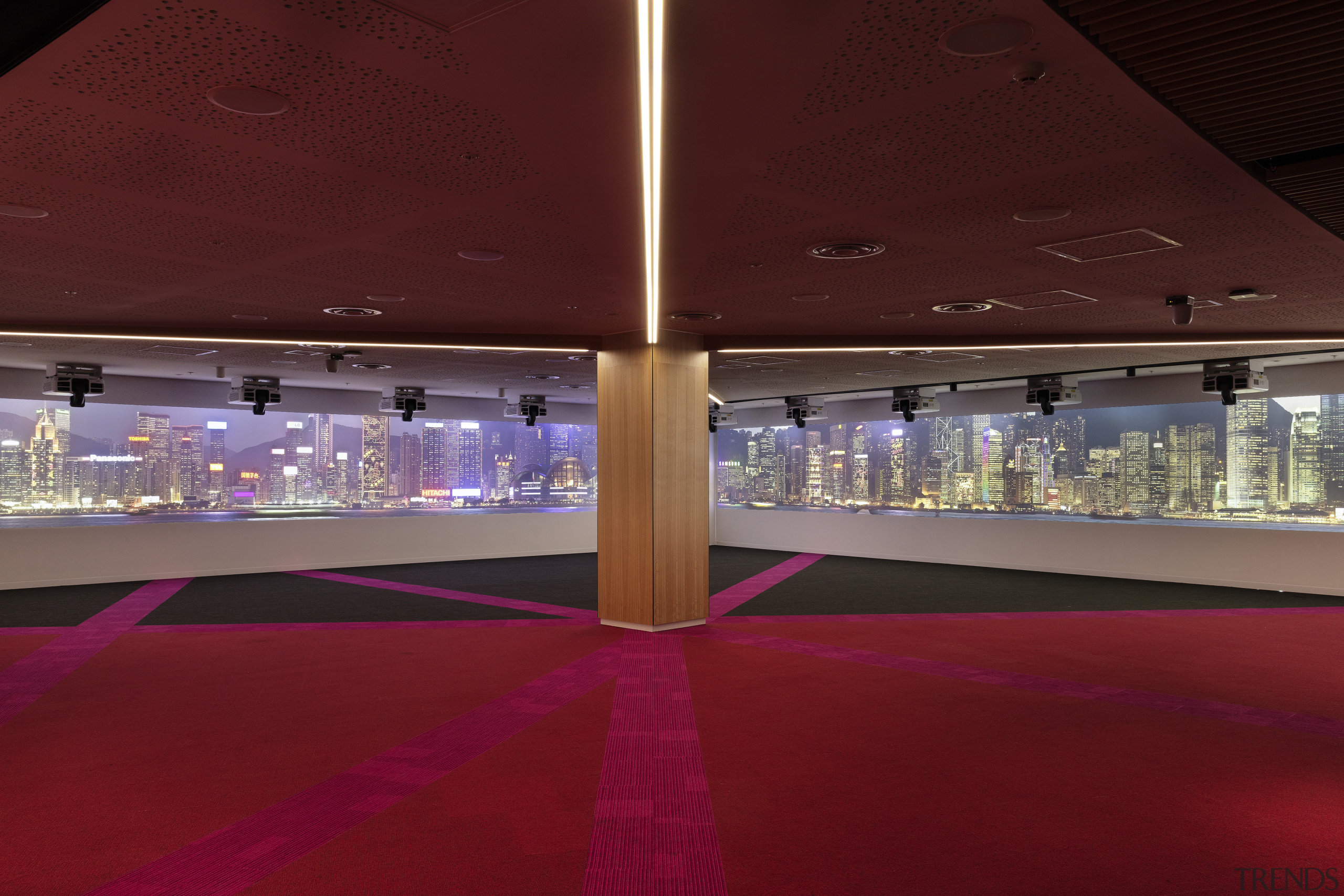The cutting-edge ‘Arena’ conference room in the Vodafone architecture, ceiling, interior design, light, lighting, purple, structure, red