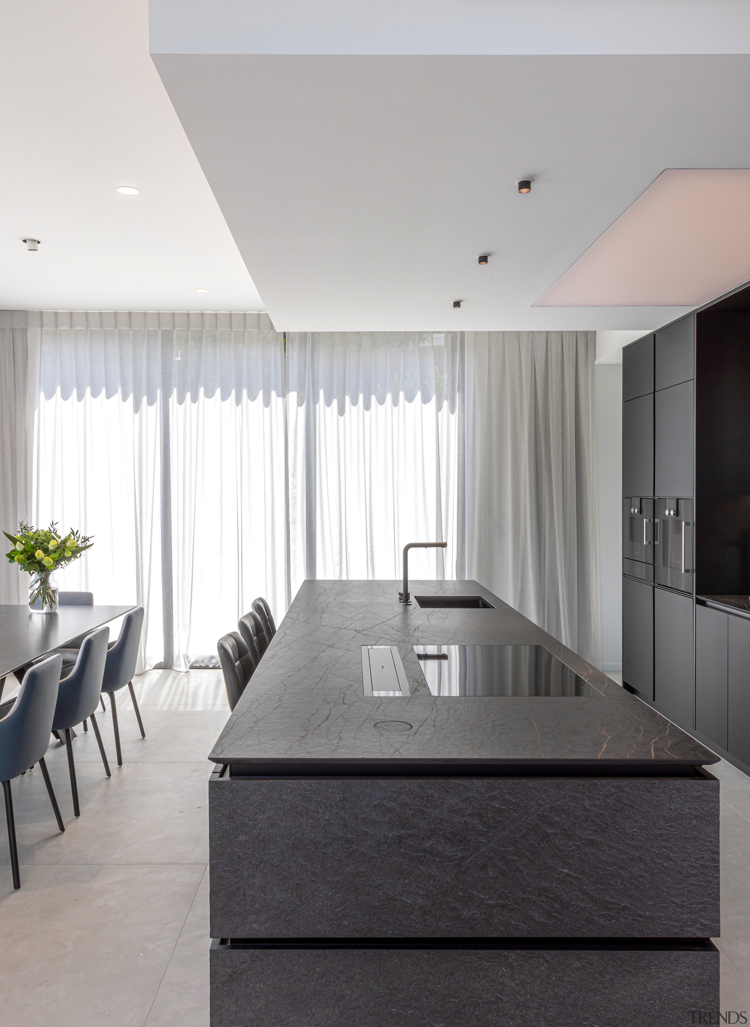 End-on view of the modern island with floating 