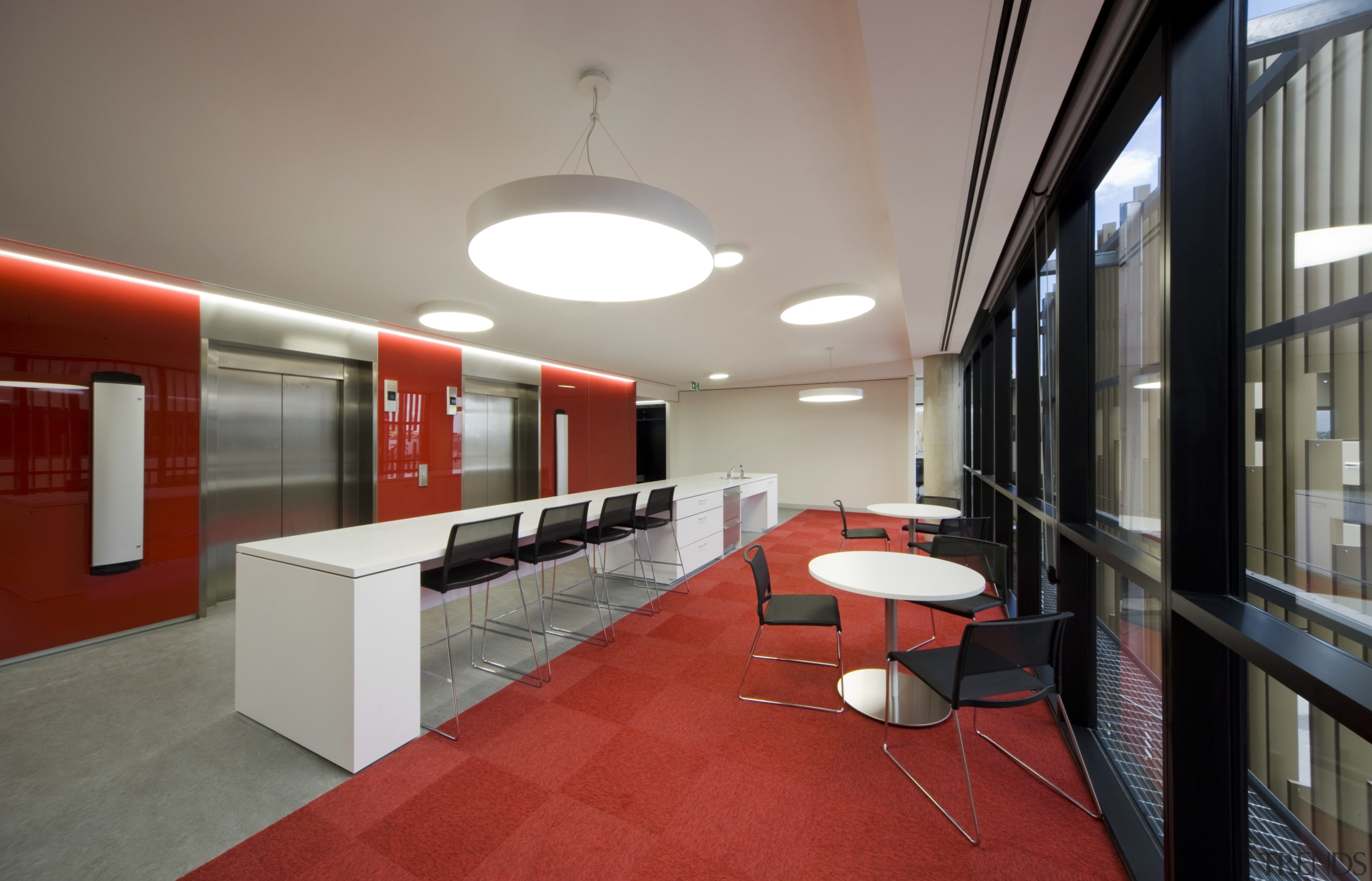 Staff Break-out areas provide casual seating areas and architecture, ceiling, interior design, lobby, gray