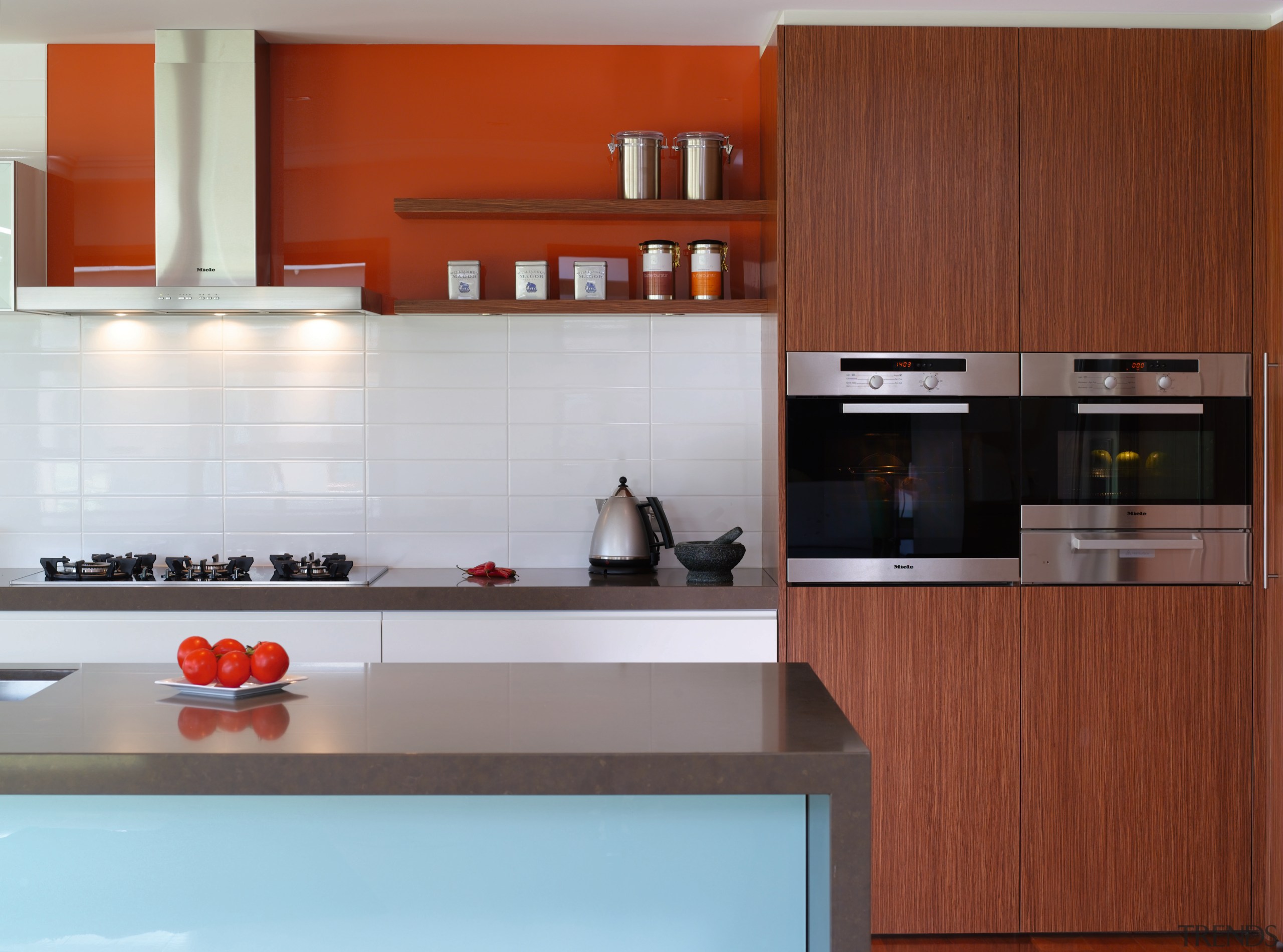 View of this kitchen Featuring miele rangehood and cabinetry, countertop, cuisine classique, interior design, kitchen, product design, room, red, gray