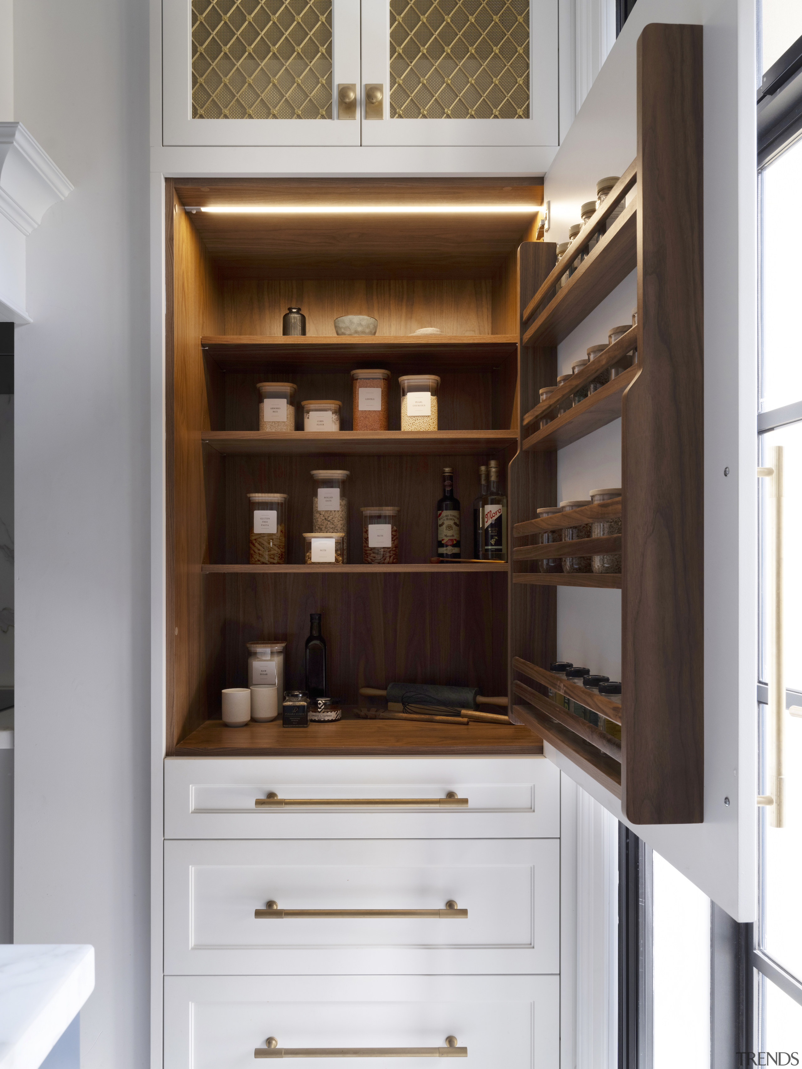 Wood-lined, internally lit cabinet interior with classic look, 