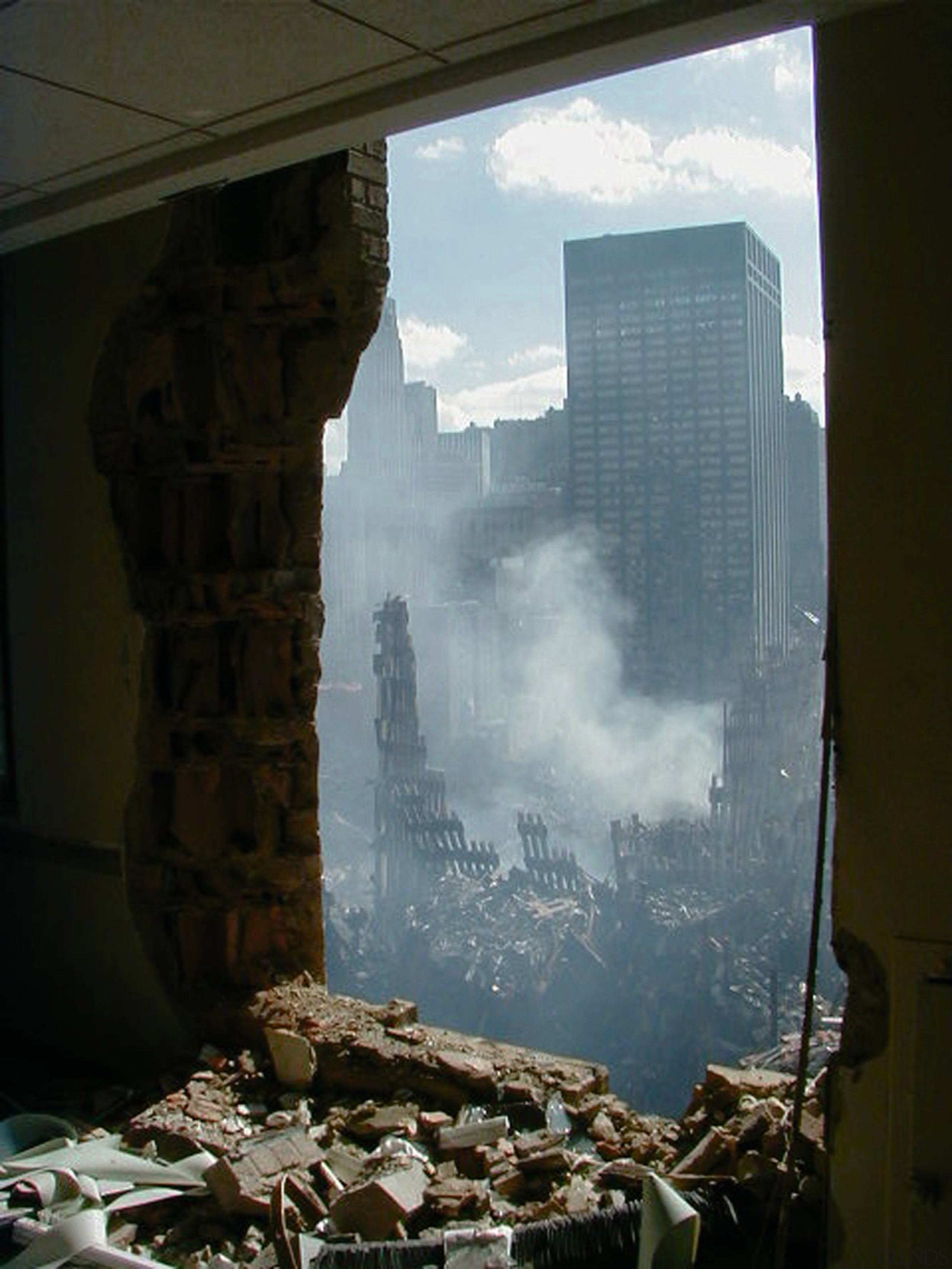 A view o the original building after the sky, water, window, black, gray