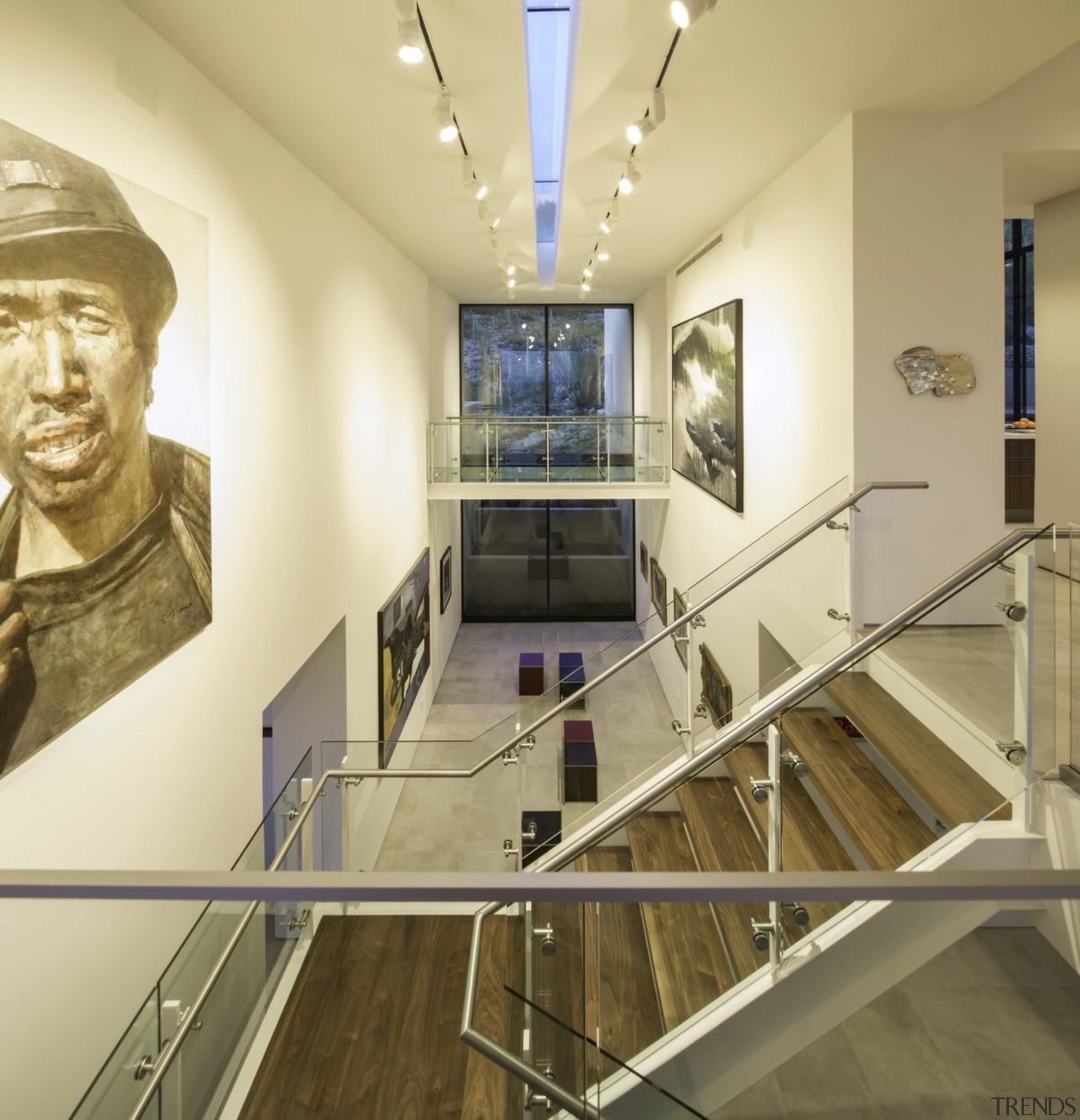 A view through the atrium - A view ceiling, glass, handrail, interior design, stairs, brown, yellow