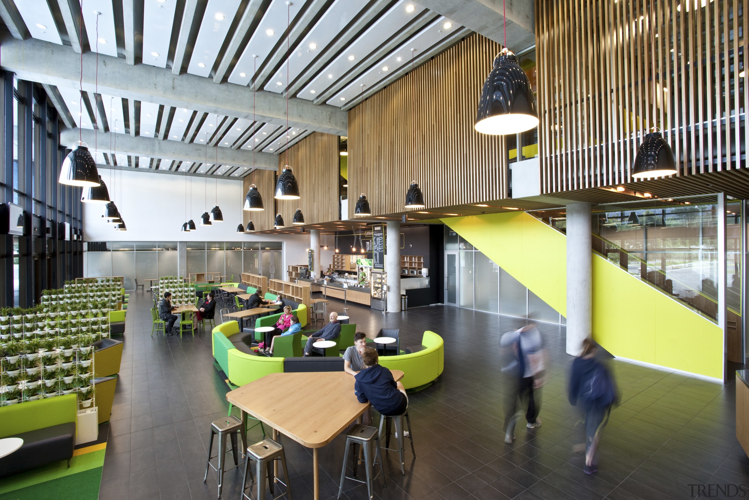 Room with green booth seating and tables. - architecture, institution, interior design, lobby