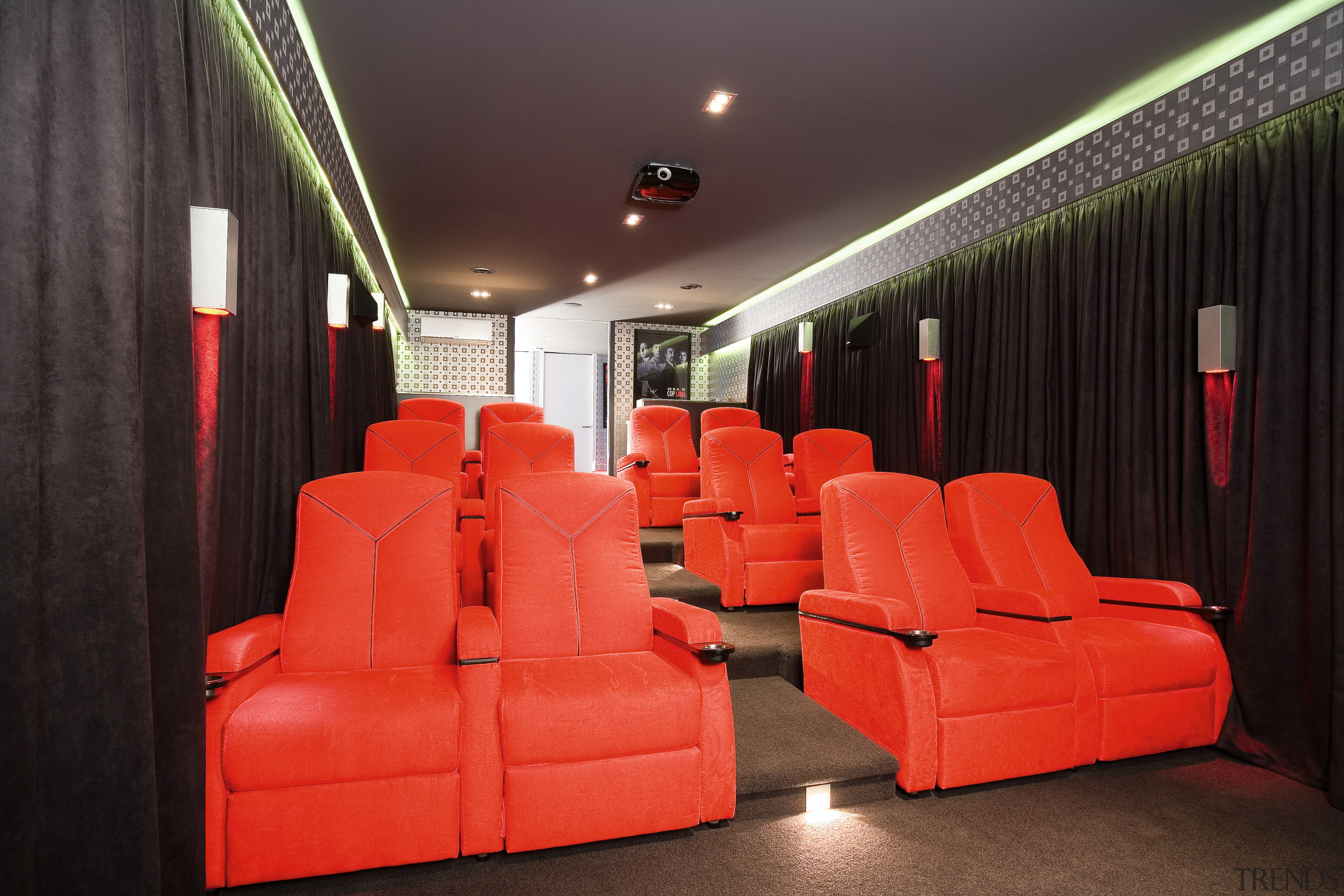 A view of this 12-seater theatre features its ceiling, interior design, lighting, red, black, red