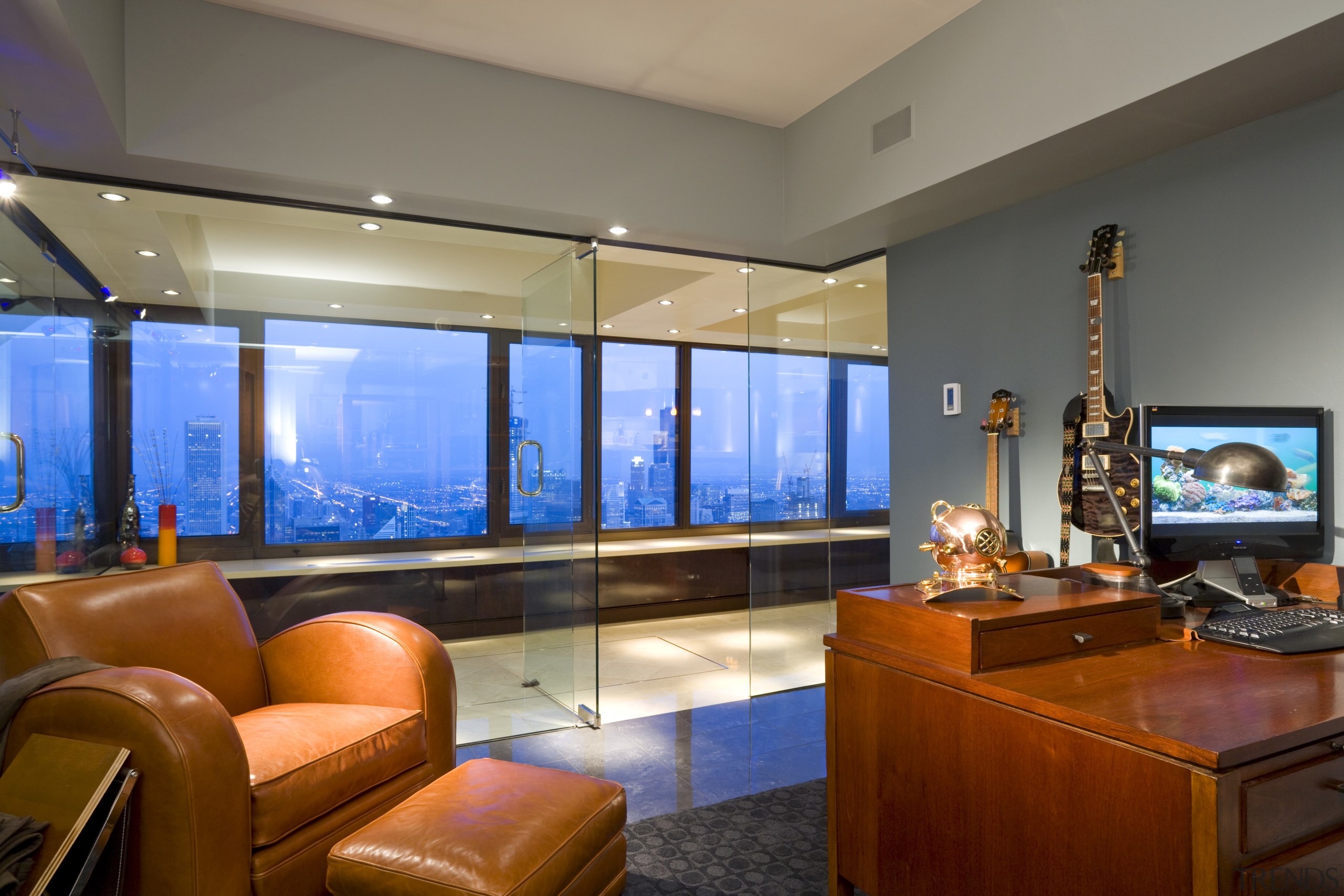 This remodeled apartment in Chicago's landmark John Hancock apartment, interior design, living room, real estate, room, suite, gray