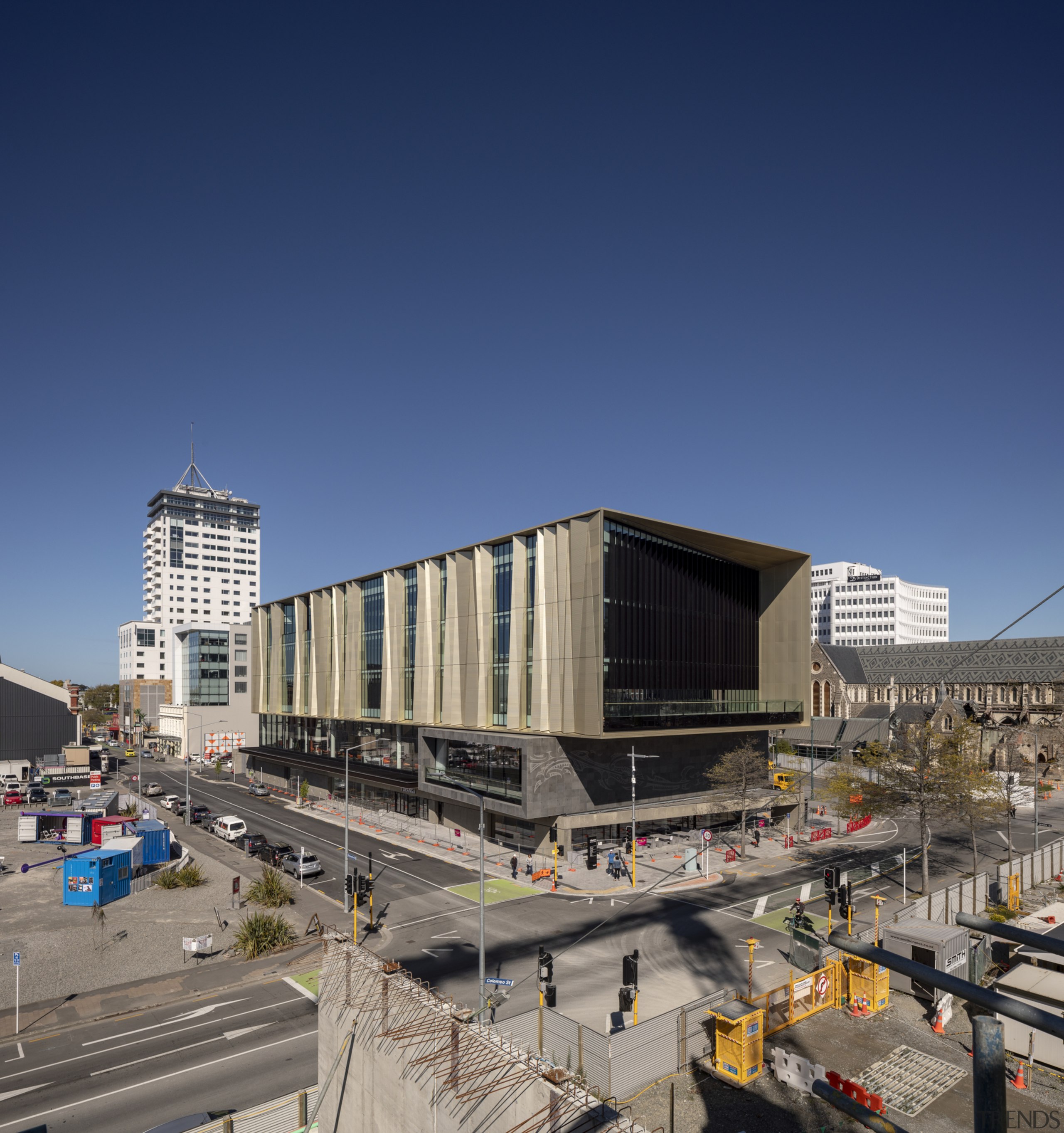 Christchurch Central Library – large concrete walls are architecture, building, city, commercial building, condominium, corporate headquarters, daytime, downtown, facade, headquarters, metropolis, metropolitan area, mixed use, real estate, residential area, sky, urban area, blue, gray