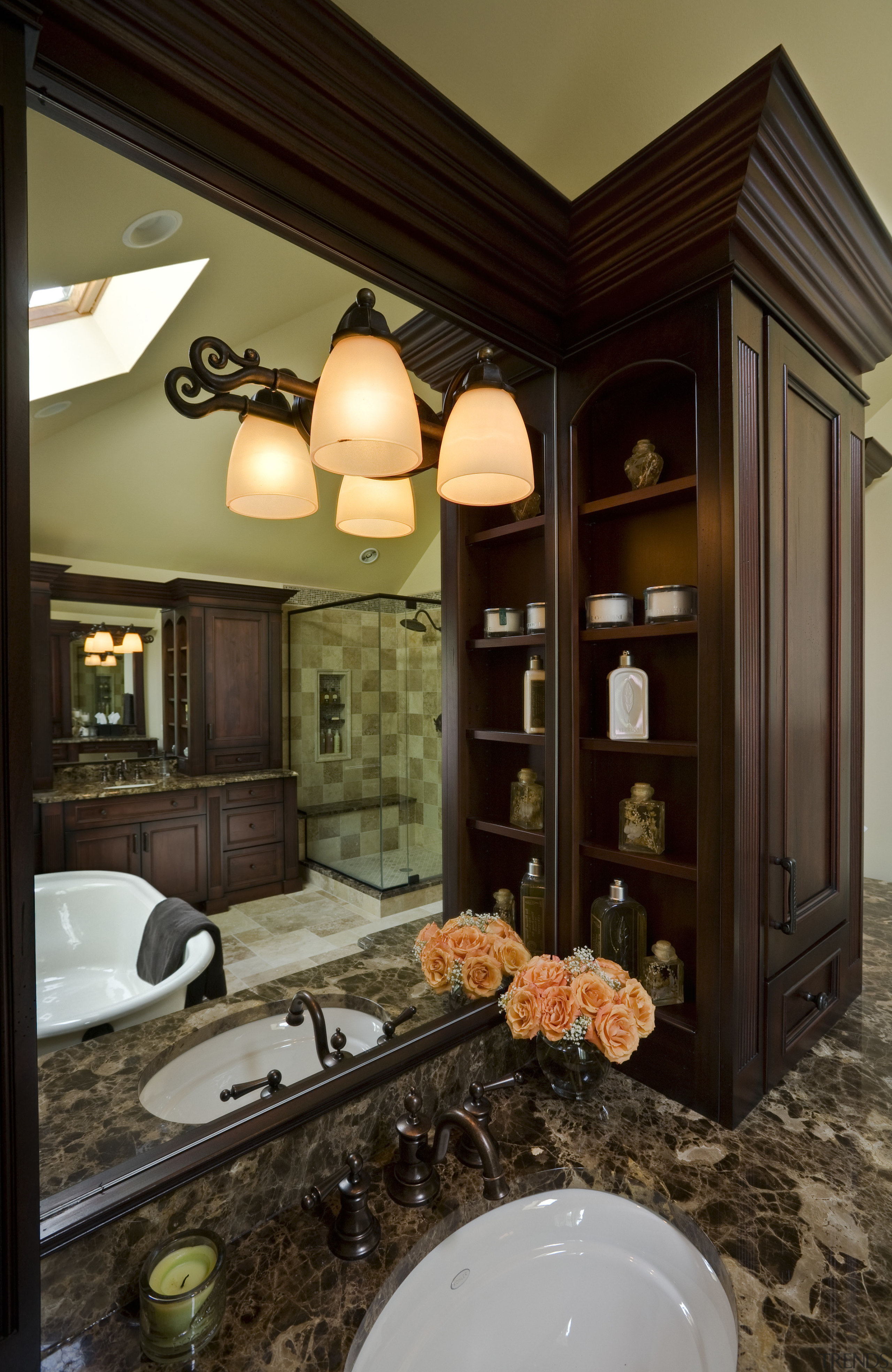 Image of newly remodelled bathroom by NKBA Chicago. bathroom, cabinetry, ceiling, countertop, home, interior design, room, black, brown