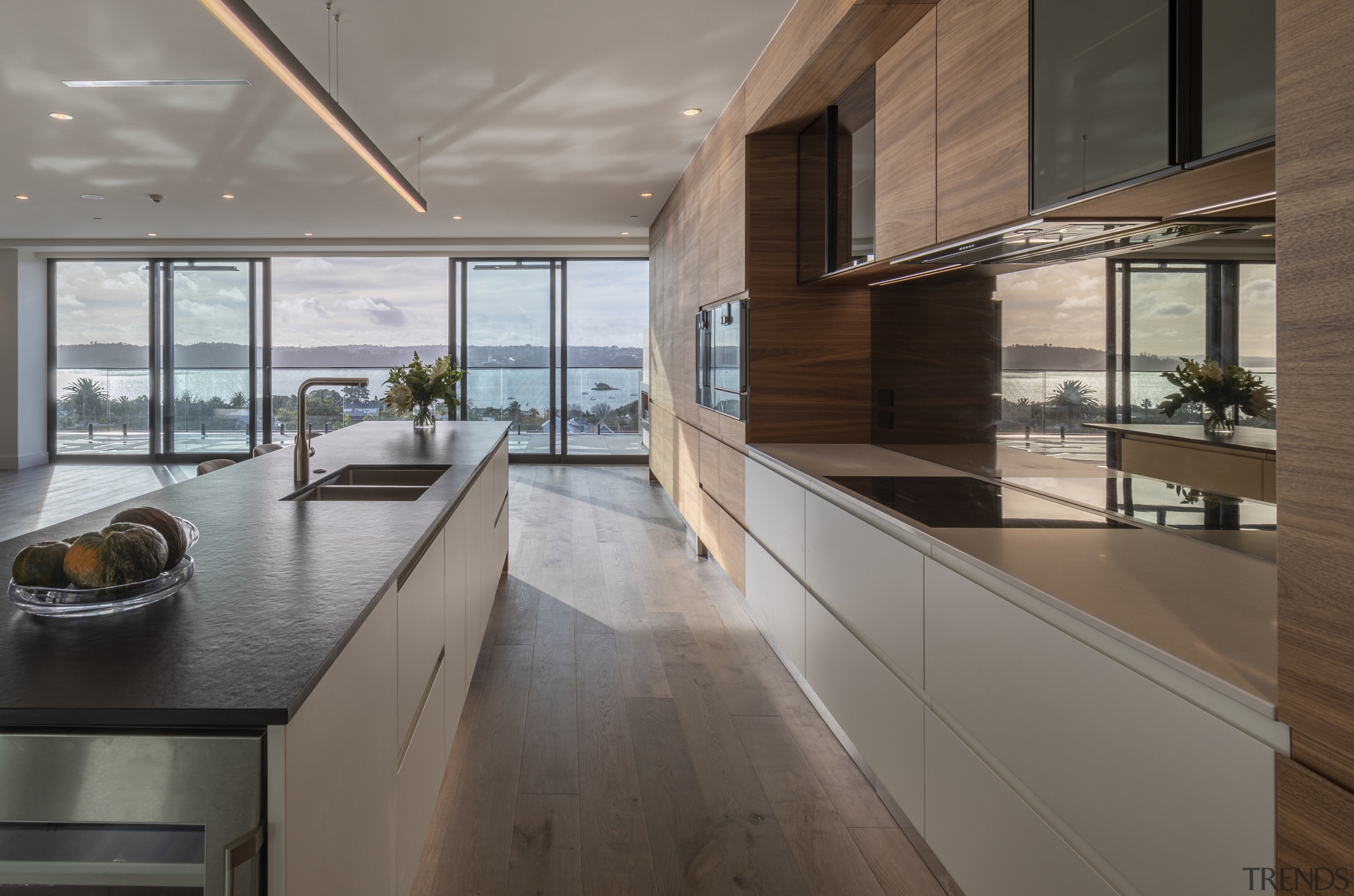 The penthouse kitchen enjoys spectacular views. 