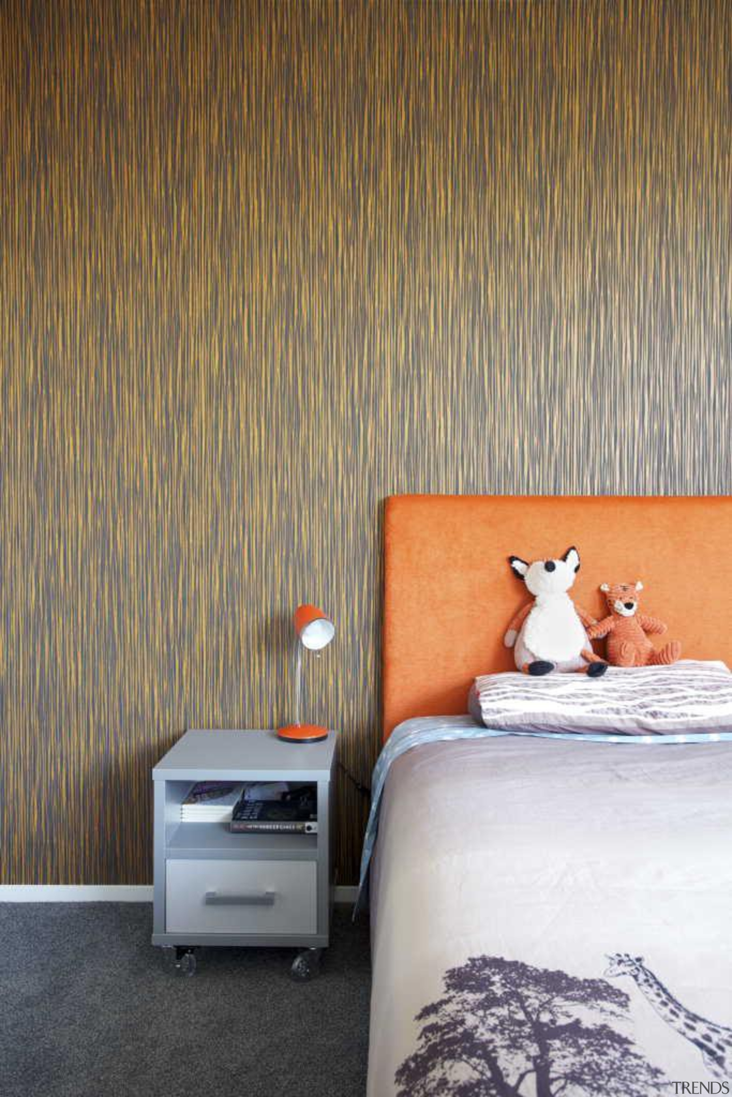 Bedroom with Orange Accent - Bedroom with Orange bedroom, floor, home, interior design, room, wall, wallpaper, brown, gray