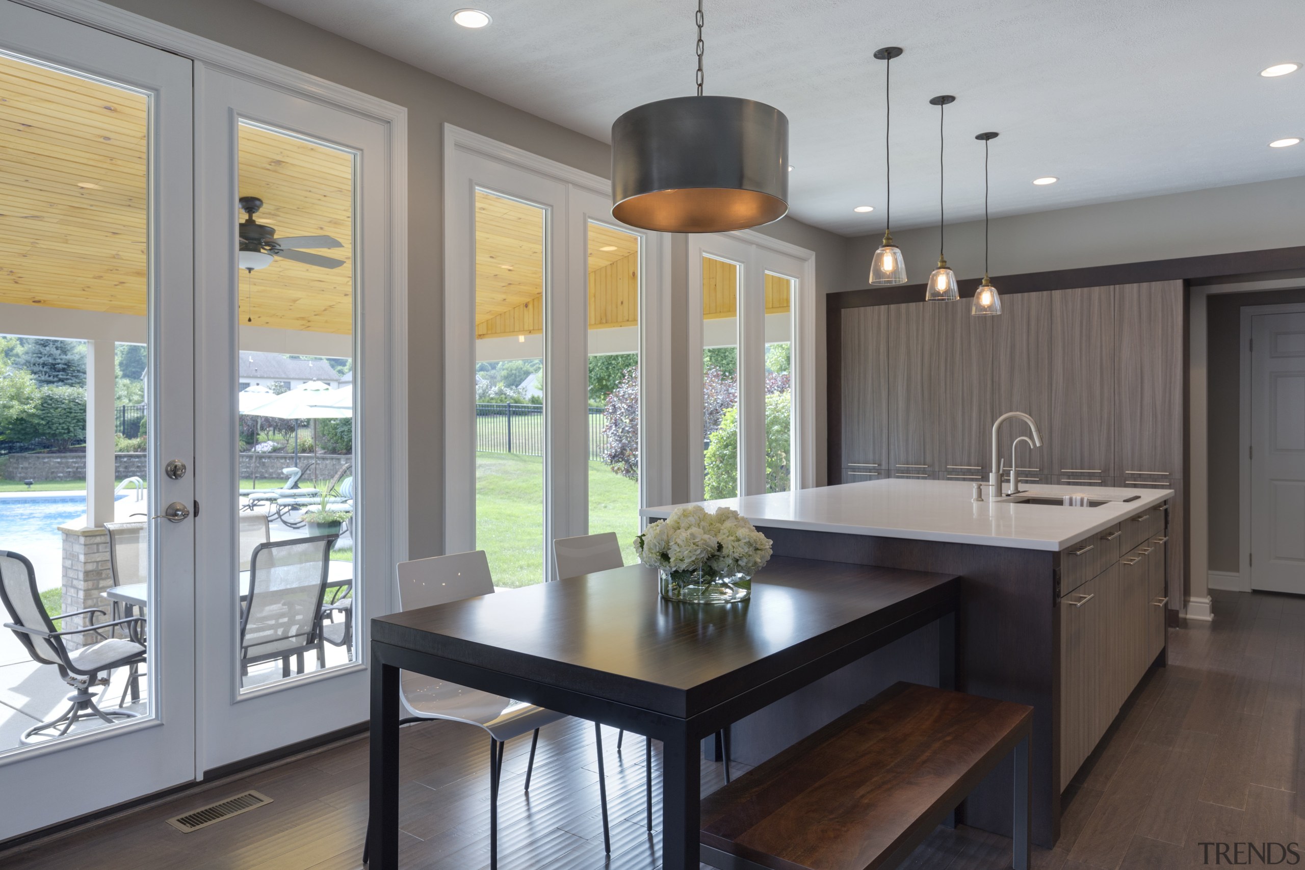 Floor-to-ceiling glazing sets this kitchen by designer Lauren countertop, dining room, interior design, kitchen, real estate, room, window, gray