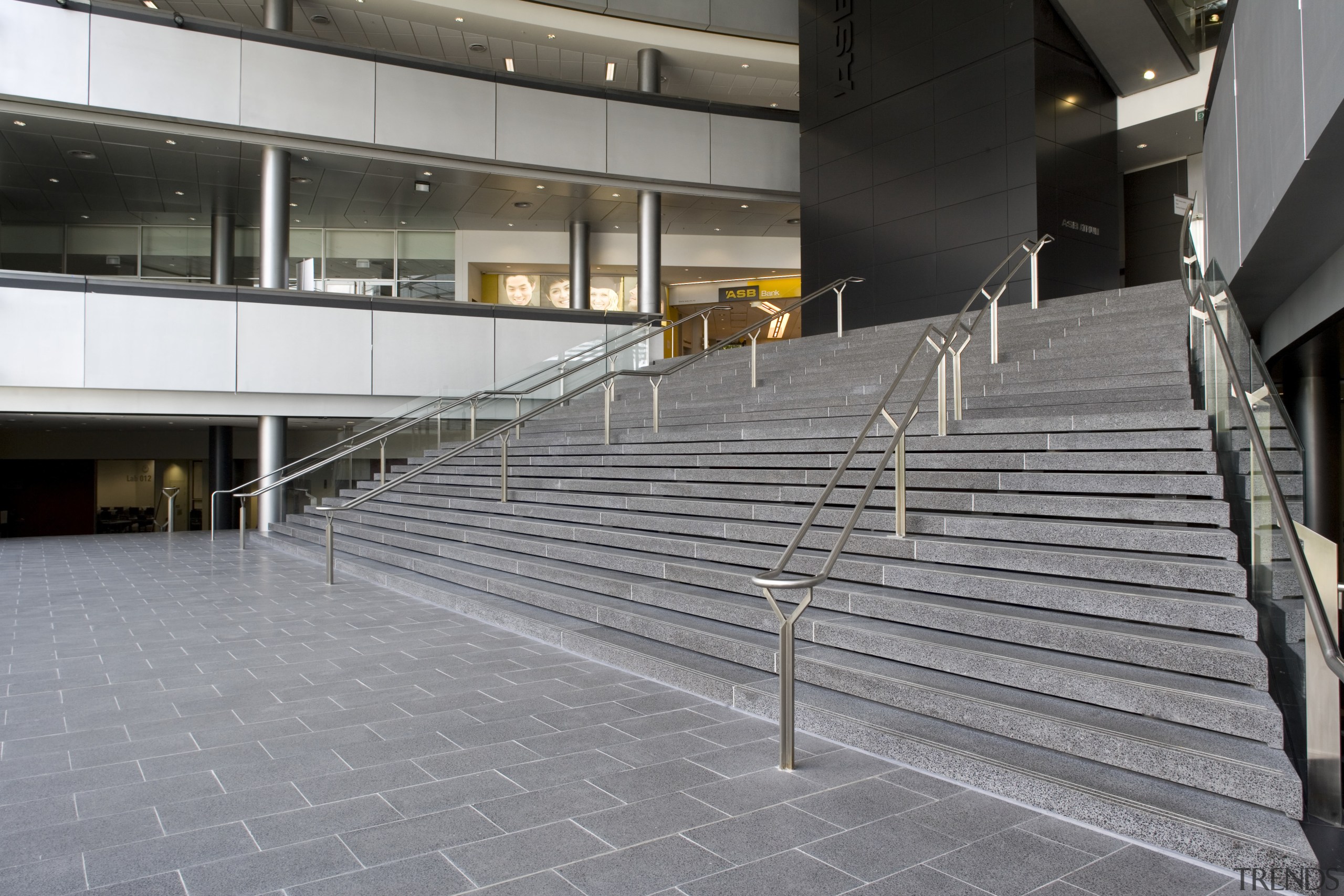 View of paving by AJ Russel Bricklayers &amp; architecture, building, daylighting, facade, floor, flooring, glass, handrail, metropolitan area, stairs, structure, gray