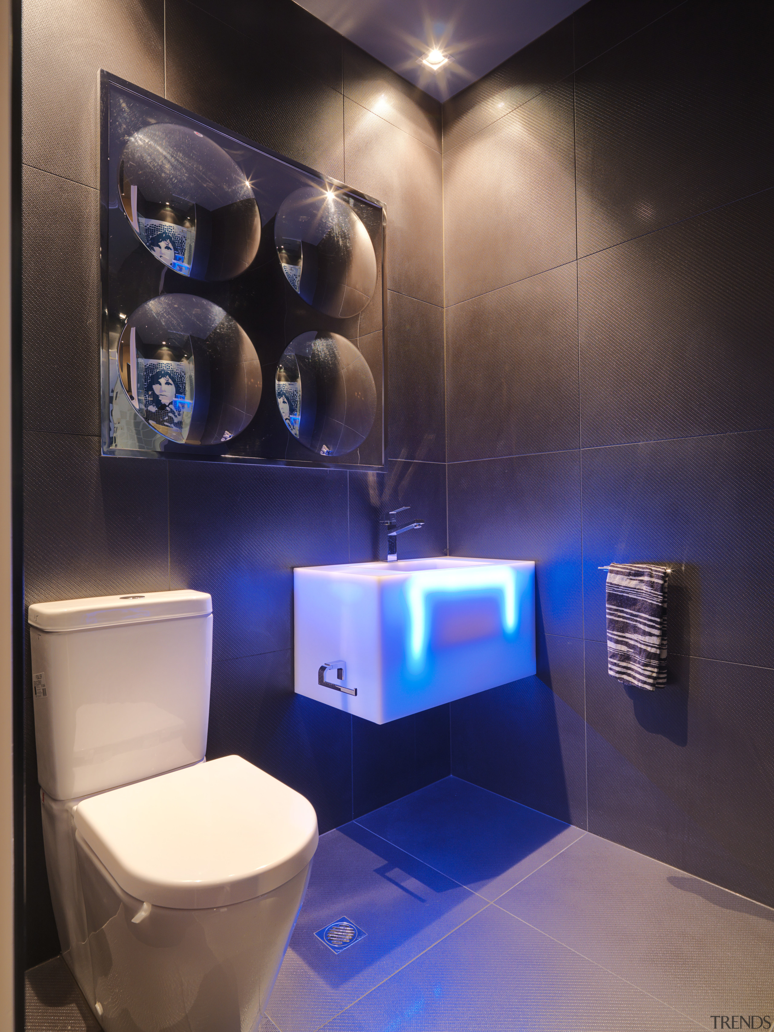 View of a themed bathroom with feature wall bathroom, ceiling, interior design, lighting, room, black