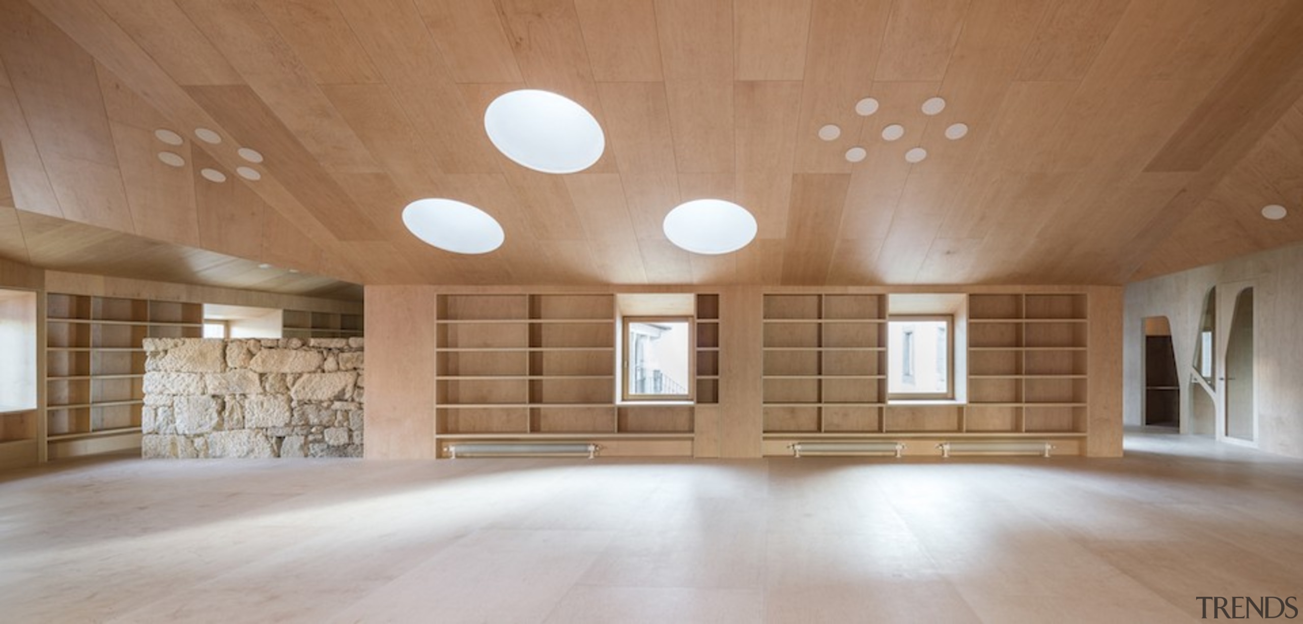 Murado Elvira Baiona Library - apartment | architecture apartment, architecture, ceiling, daylighting, estate, floor, flooring, hardwood, home, house, interior design, lighting, lobby, loft, property, real estate, room, wall, wood, wood flooring, brown, gray
