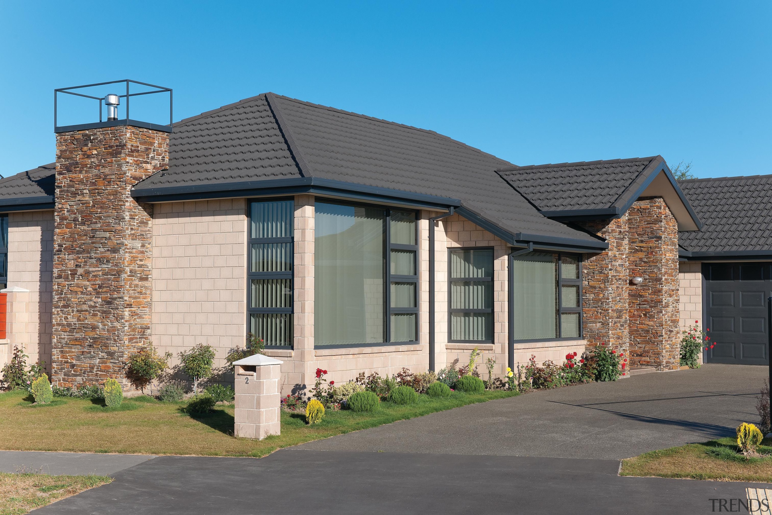 Make a feature of your chimney using Designa building, cottage, elevation, estate, facade, home, house, property, real estate, residential area, roof, siding, suburb, window, gray, teal