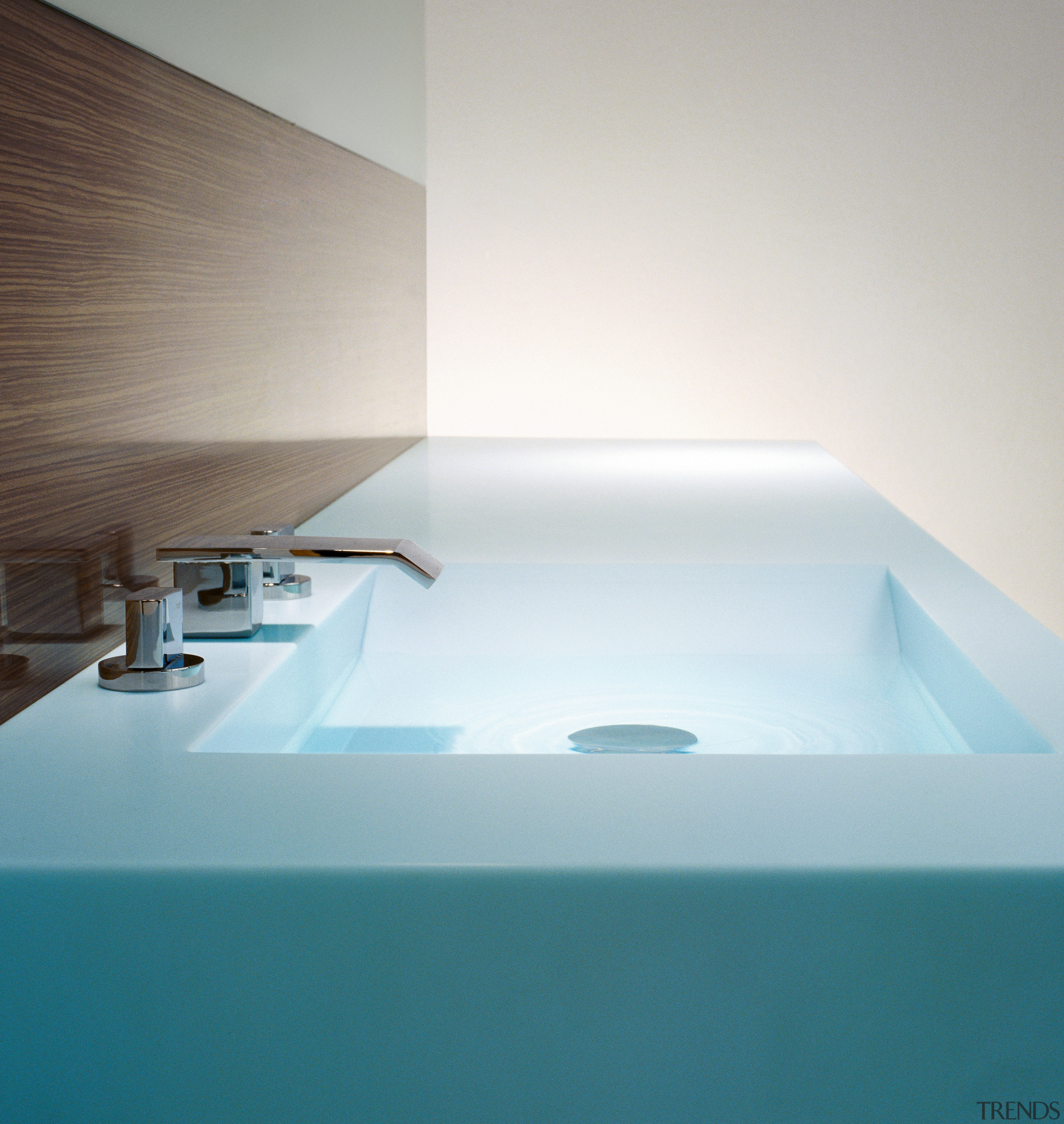 Close-up of blue moulded basin and vanity top angle, bathroom sink, bathtub, daylighting, plumbing fixture, product design, tap, white, teal