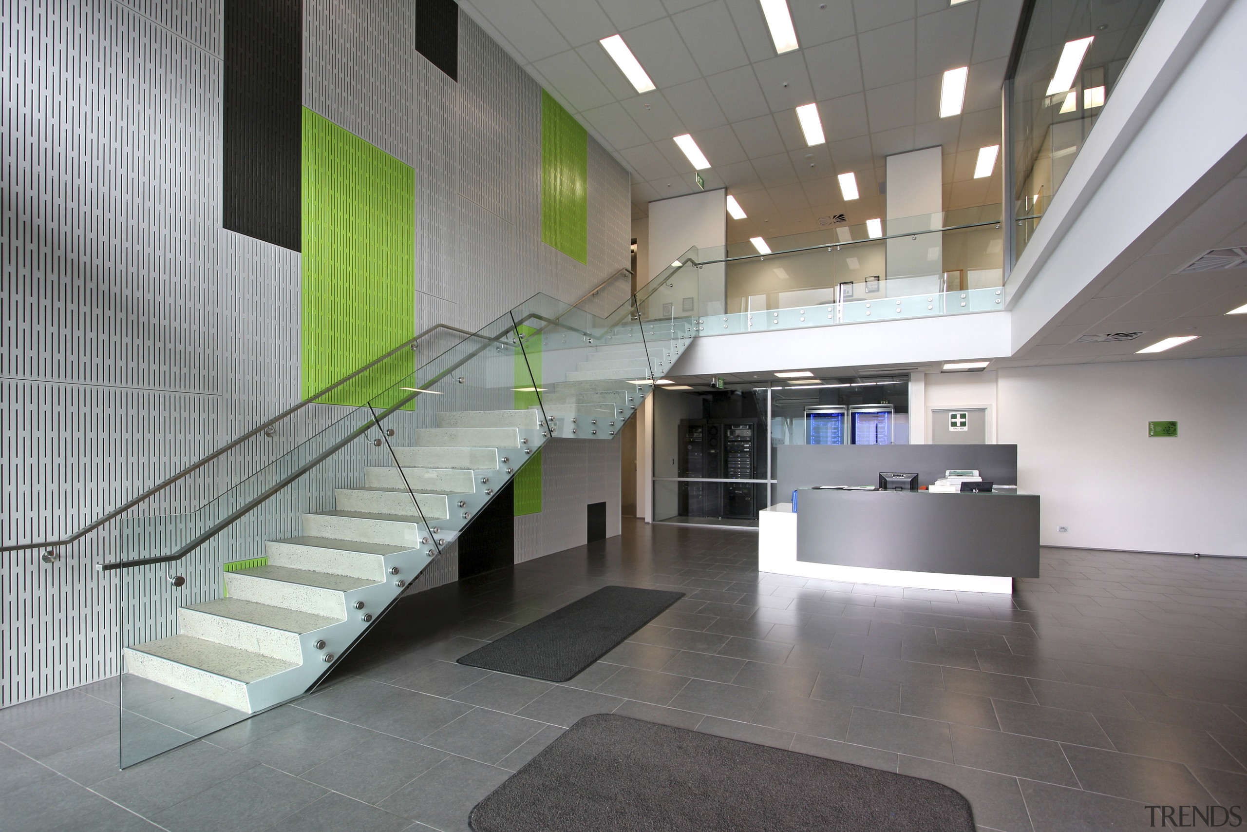 Interior view of the reception area at the architecture, ceiling, daylighting, handrail, interior design, lobby, product design, stairs, gray