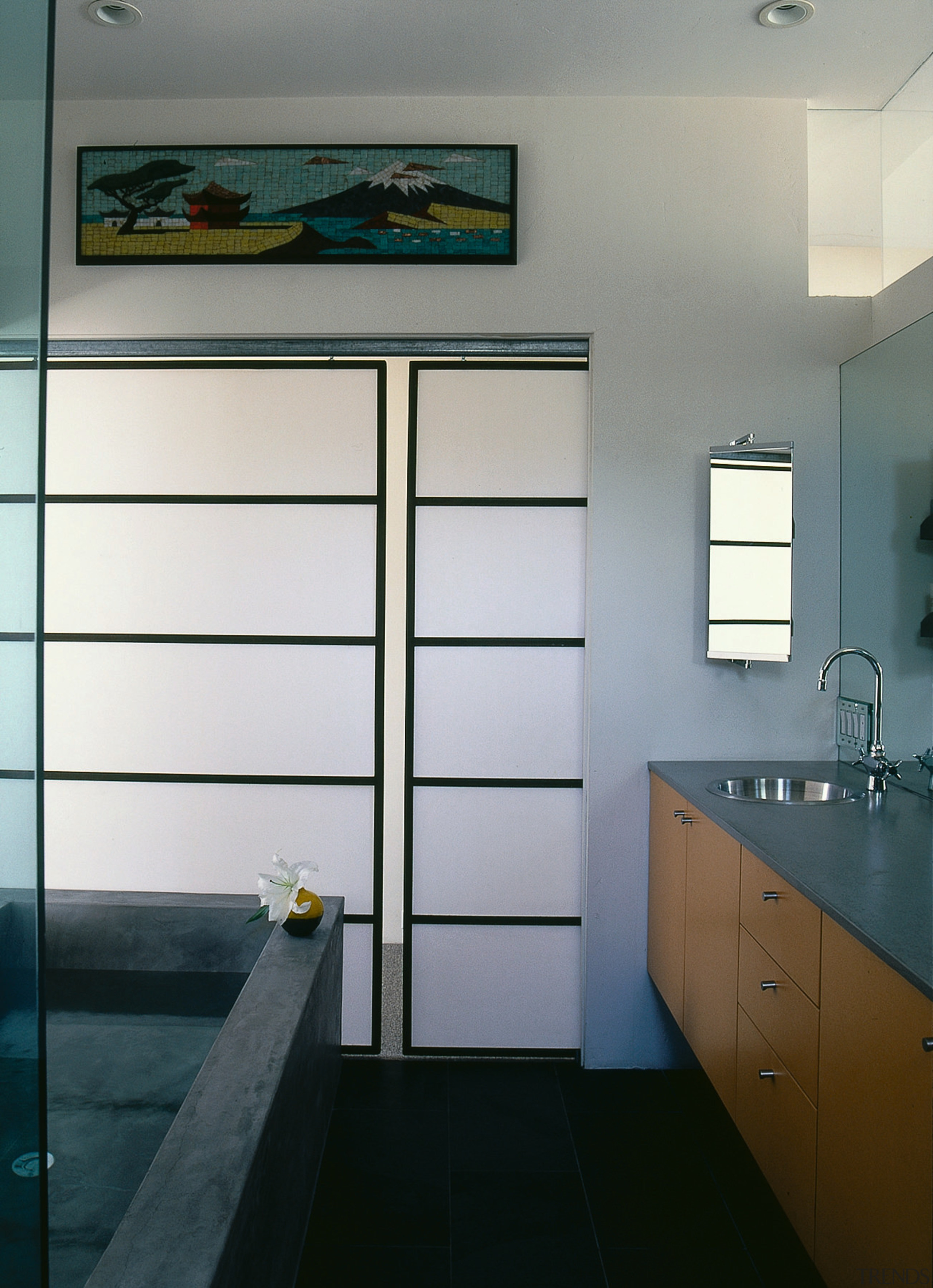 View of the sliding screens - View of architecture, bathroom, ceiling, daylighting, interior design, room, wall, gray