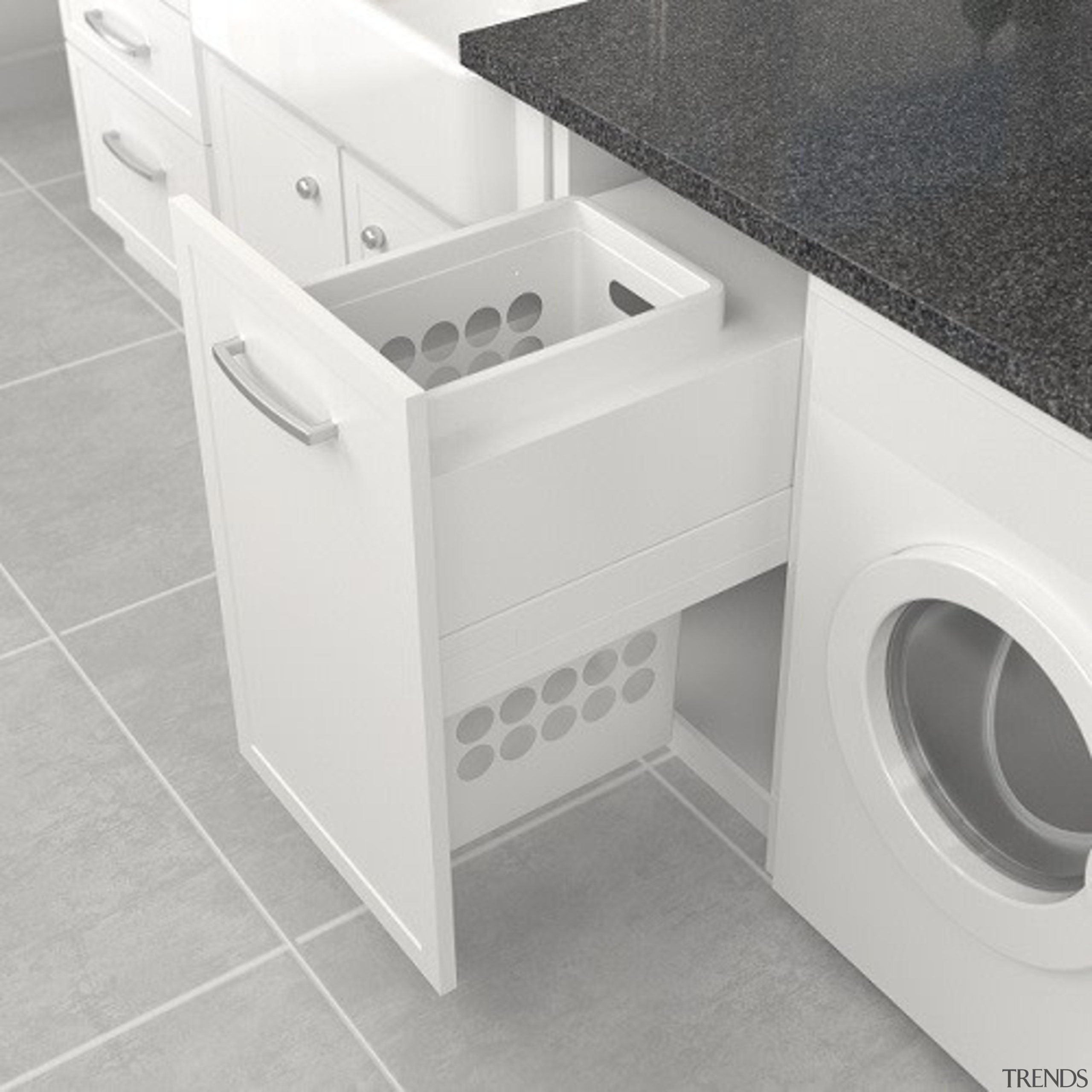 Deluxe pull out laundry units with plastic baskets angle, bathroom accessory, bathroom sink, clothes dryer, drawer, floor, home appliance, laundry, laundry room, major appliance, plumbing fixture, product, product design, sink, tap, toilet seat, washing machine, white