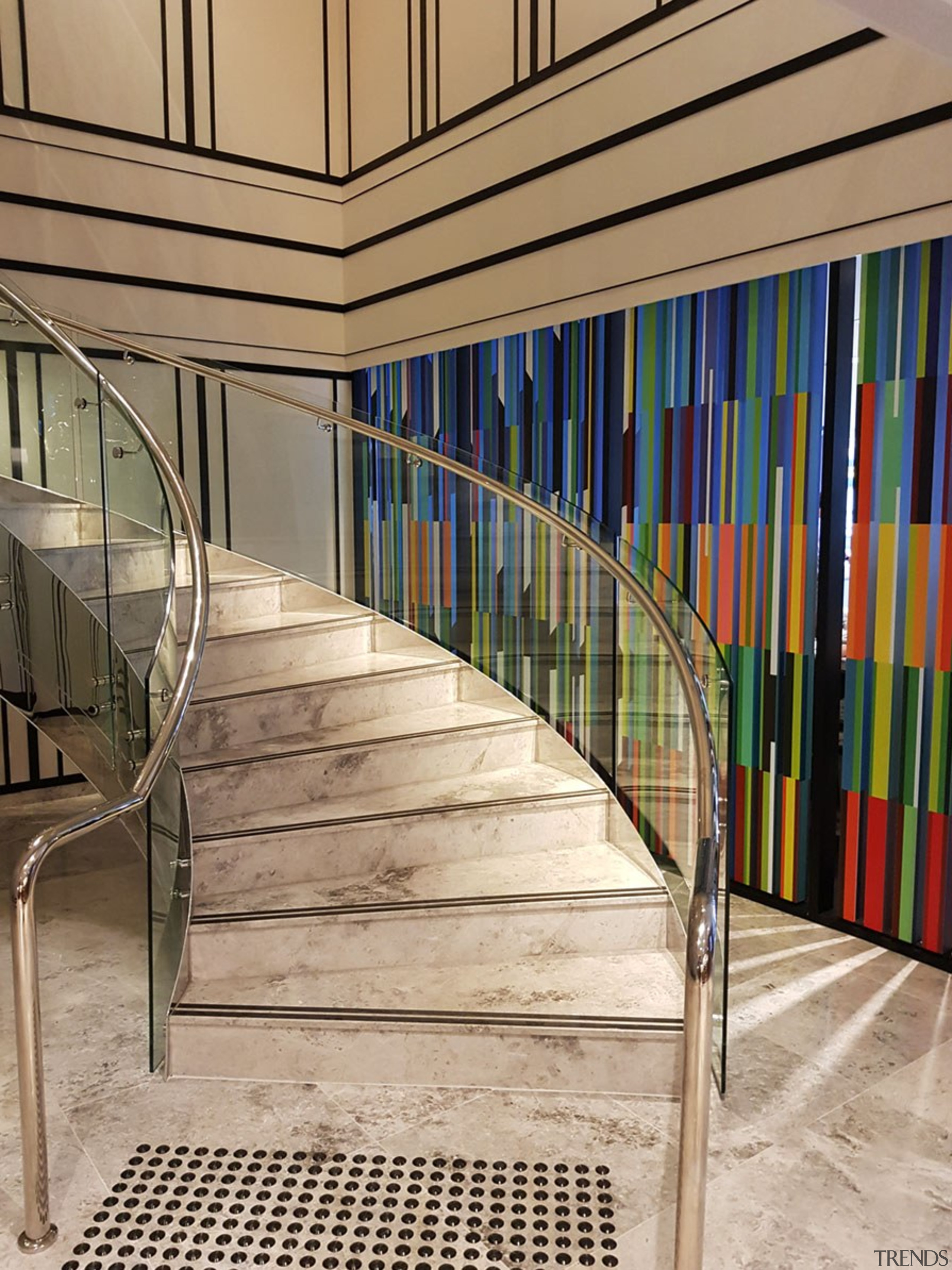 Doubletree Hilton 5 - architecture | building | architecture, building, design, floor, glass, handrail, interior design, line, room, stairs, orange