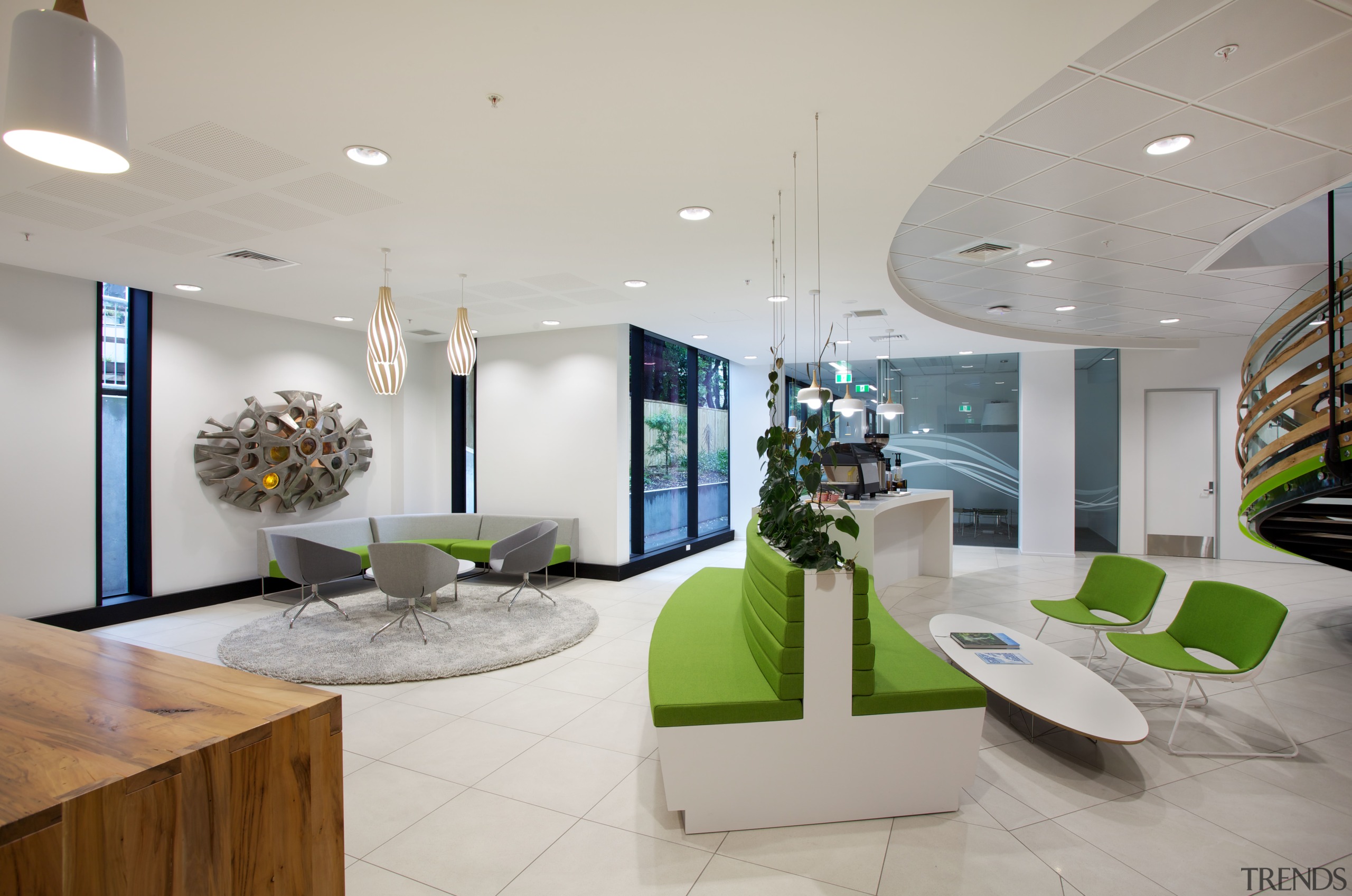 The reception area of the new BP head architecture, ceiling, interior design, lobby, product design, real estate, gray