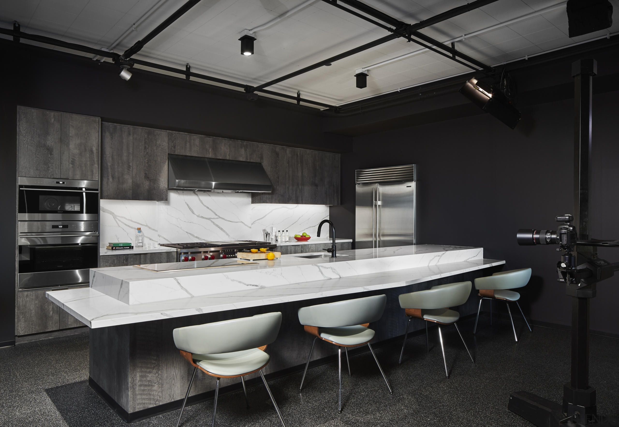 Eastlake Studio’s design of the new Chicago Tribune architecture, countertop, interior design, kitchen, table, black, Chicago Tribune, Office refurbishment, Eastlake Studios