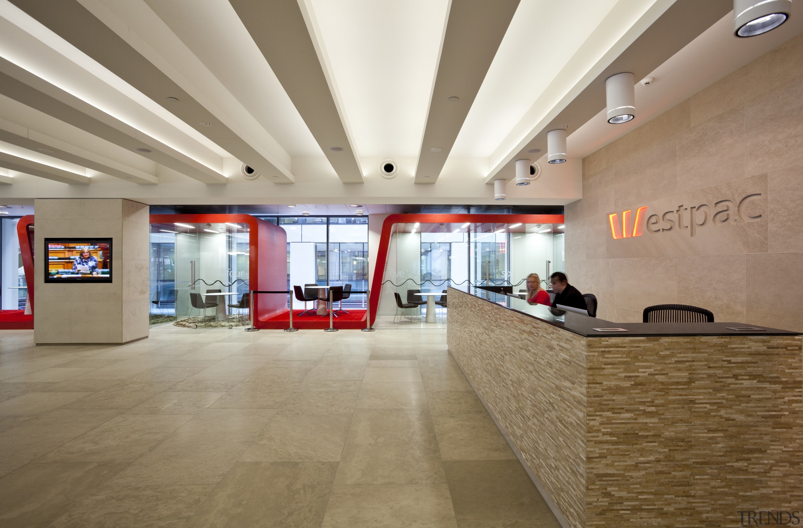 View of the Westpac head office at the ceiling, floor, flooring, interior design, lobby, brown, gray