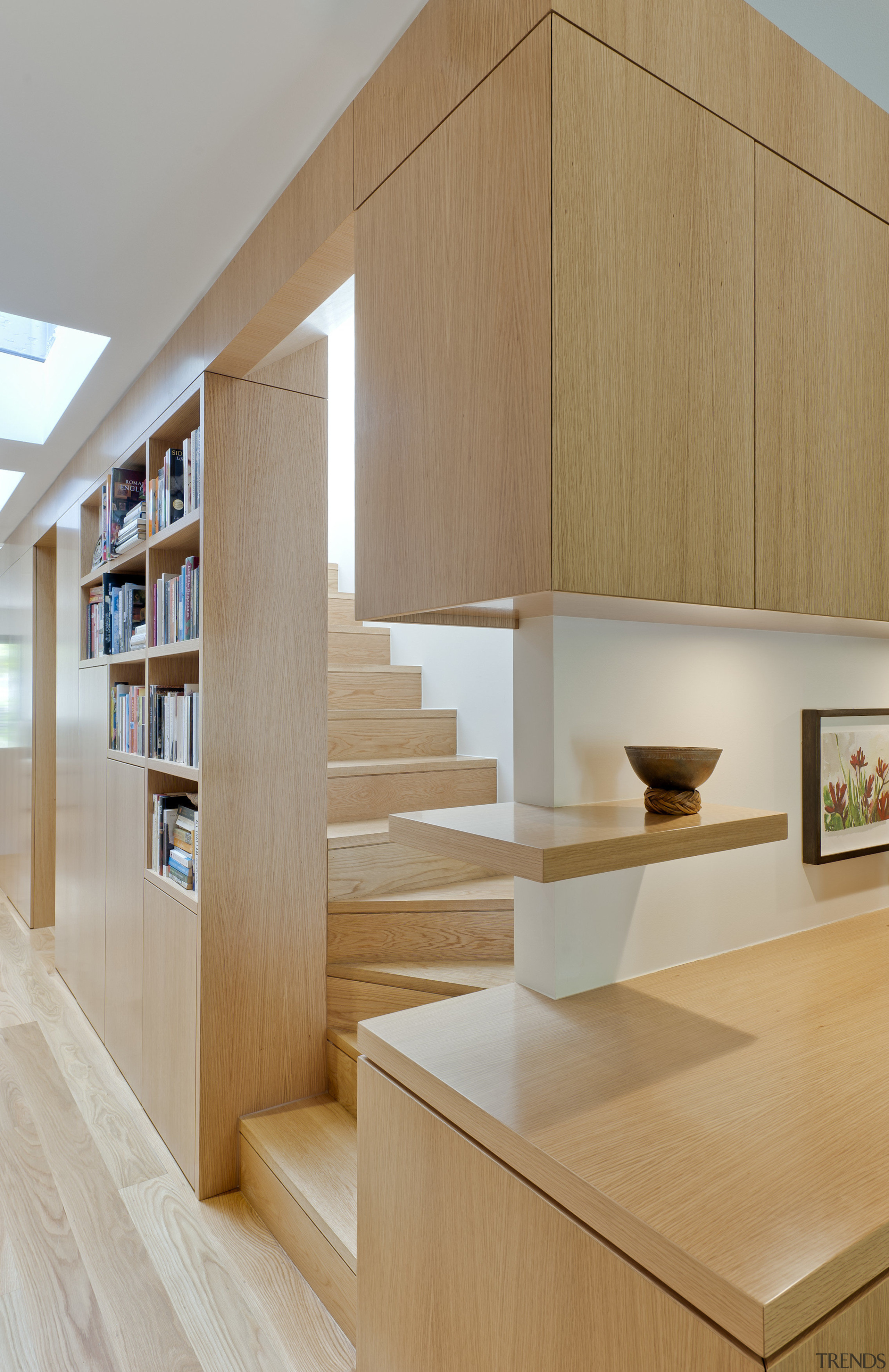 Sandstone terrace renovation by TKD Architects - Sandstone architecture, bookcase, cabinetry, floor, furniture, hardwood, interior design, plywood, product design, shelf, shelving, stairs, wall, wood, gray, brown, orange