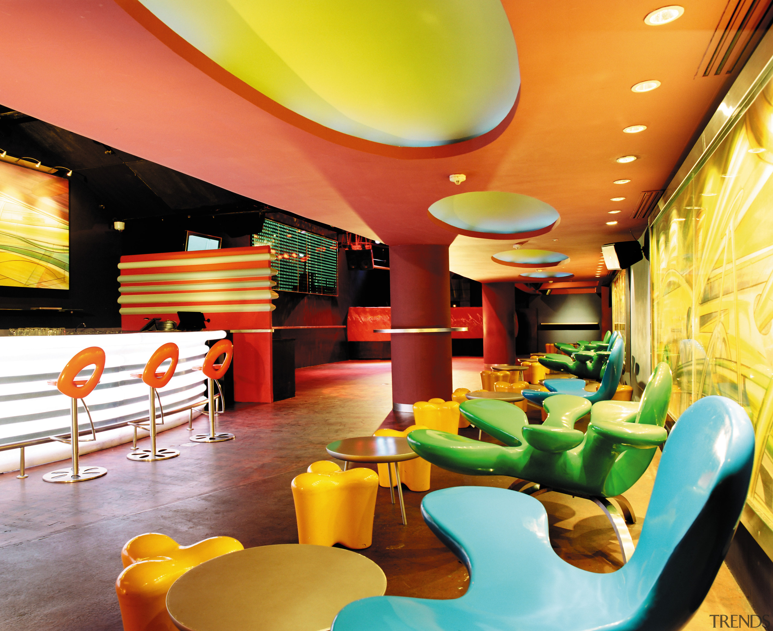 view of the interior of the zouk nightclub interior design, restaurant, yellow, orange