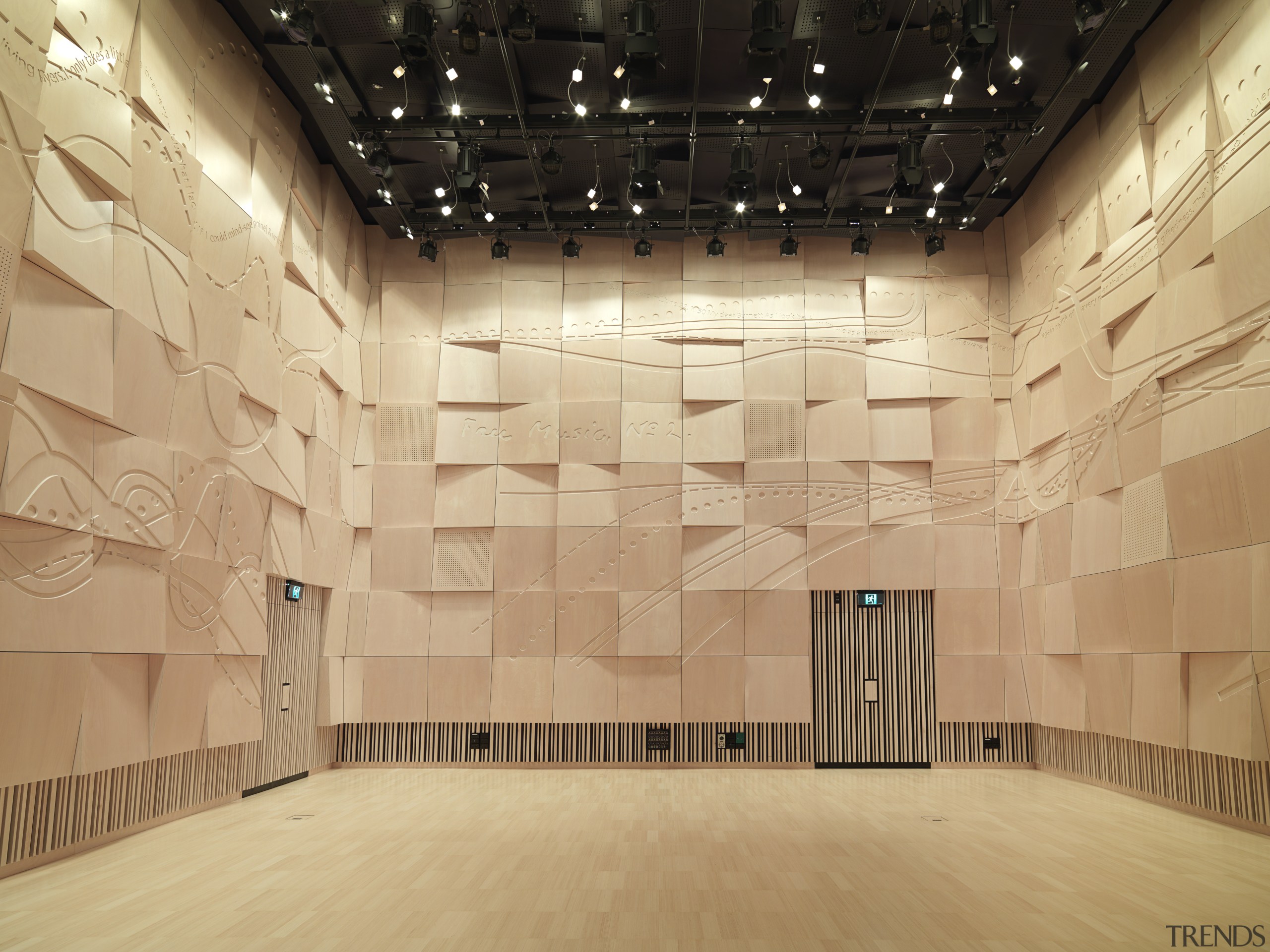 View of a feature wall which has acoustic architecture, auditorium, ceiling, daylighting, floor, flooring, interior design, performing arts center, theatre, tourist attraction, wall, orange