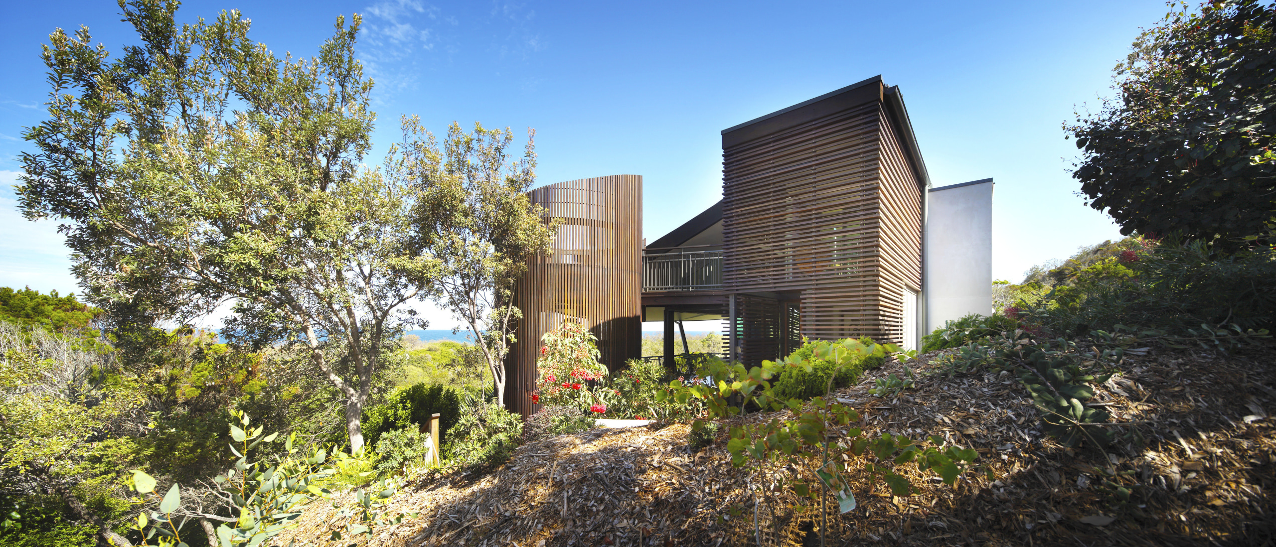Timber batten screens on the tower elements help architecture, cottage, estate, facade, home, house, property, real estate, sky