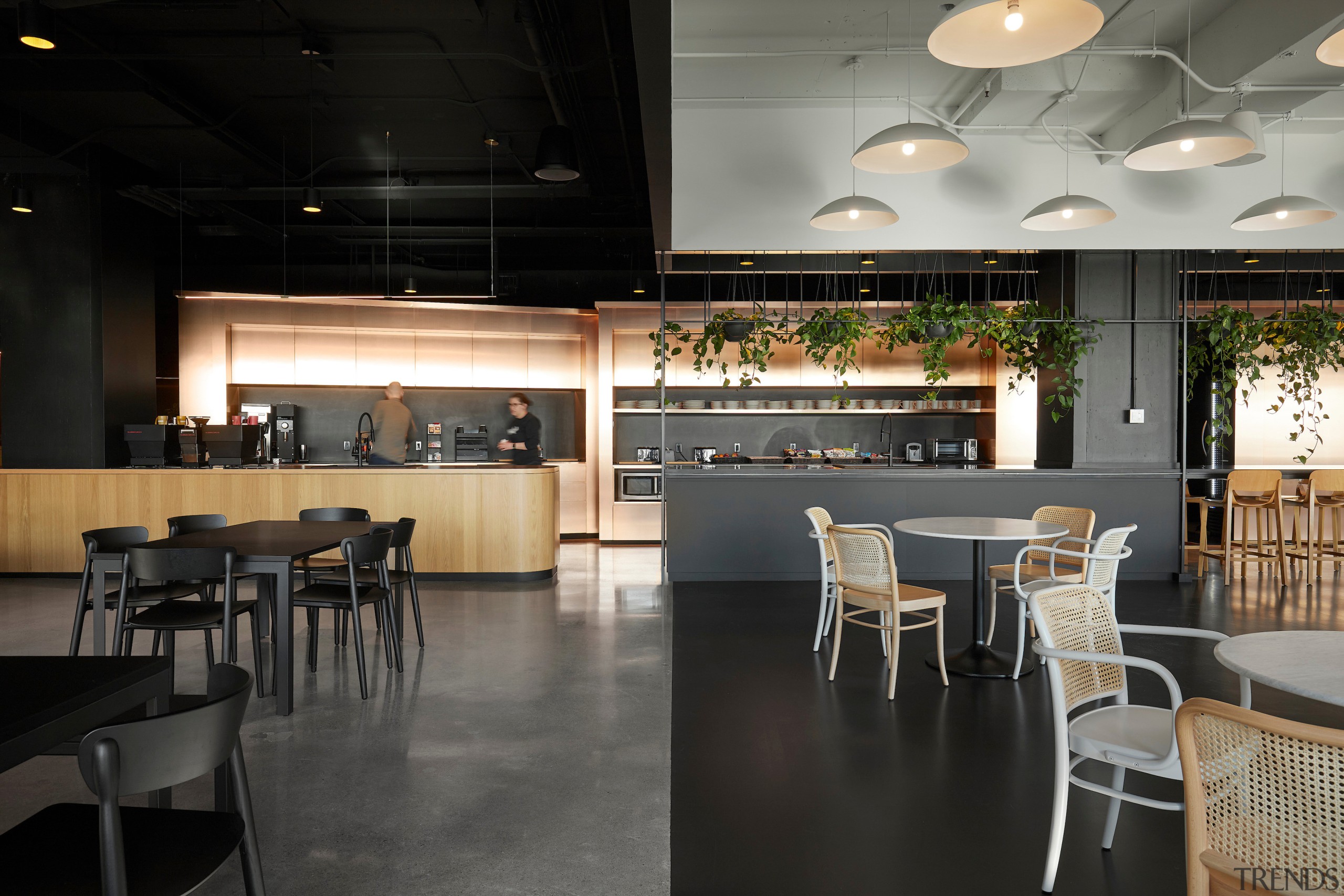 &nbsp;Pale oak cabinetry, polished concrete floors, and furniture 