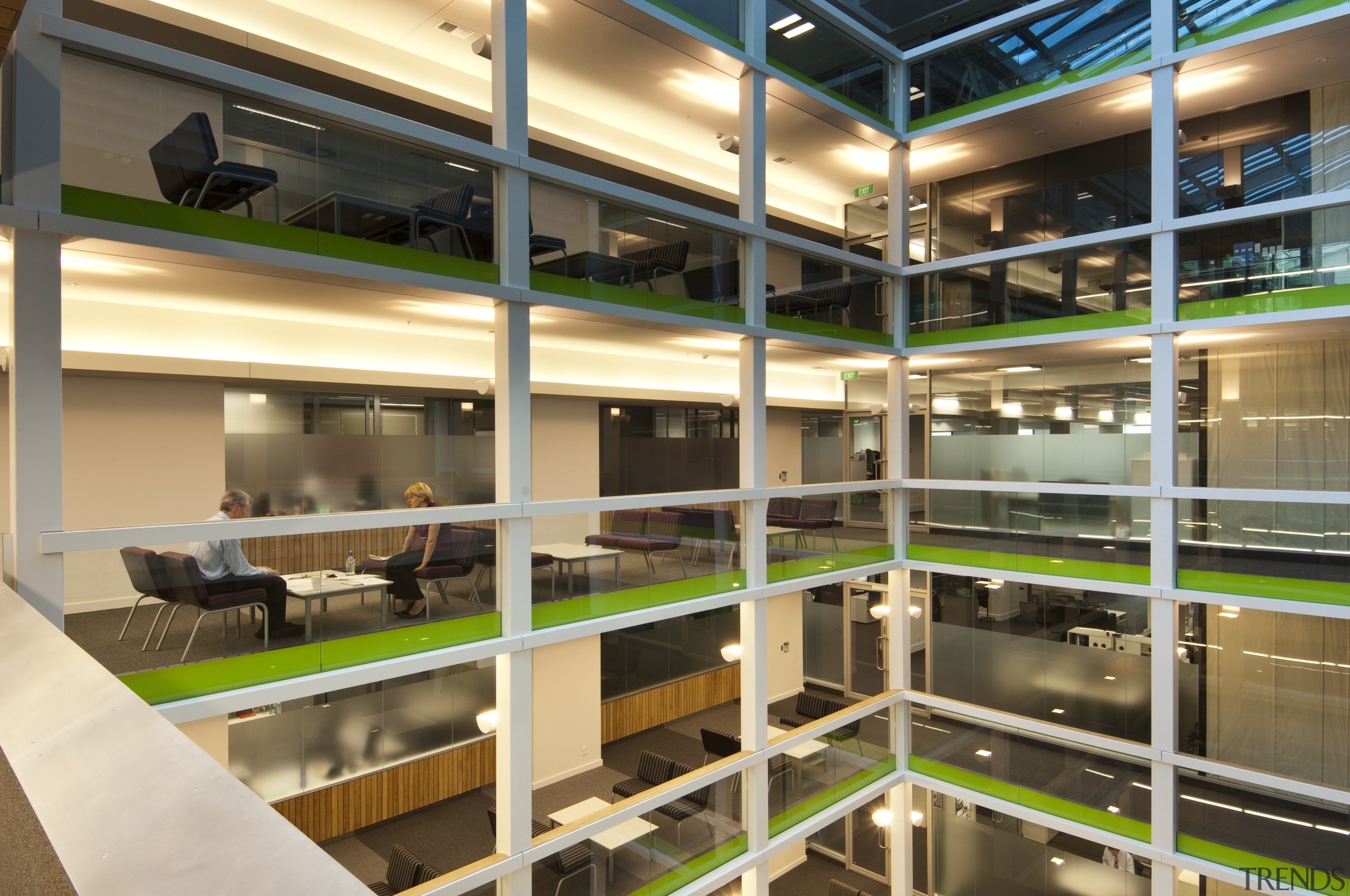 View of the interior of the Vogel Center interior design, brown, orange