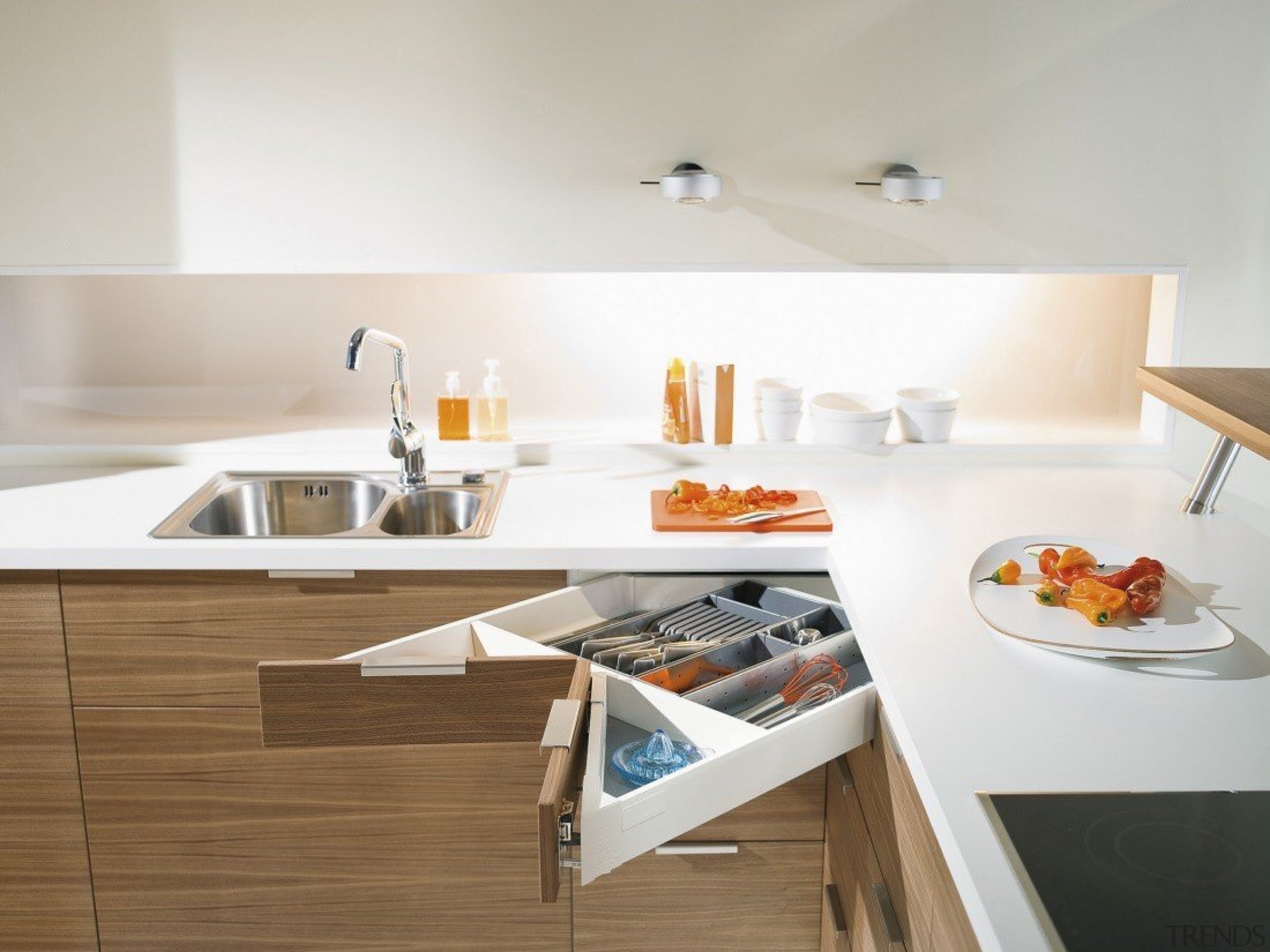 The SPACE CORNER gives you full extension drawers countertop, furniture, interior design, kitchen, sink, table, tap, white