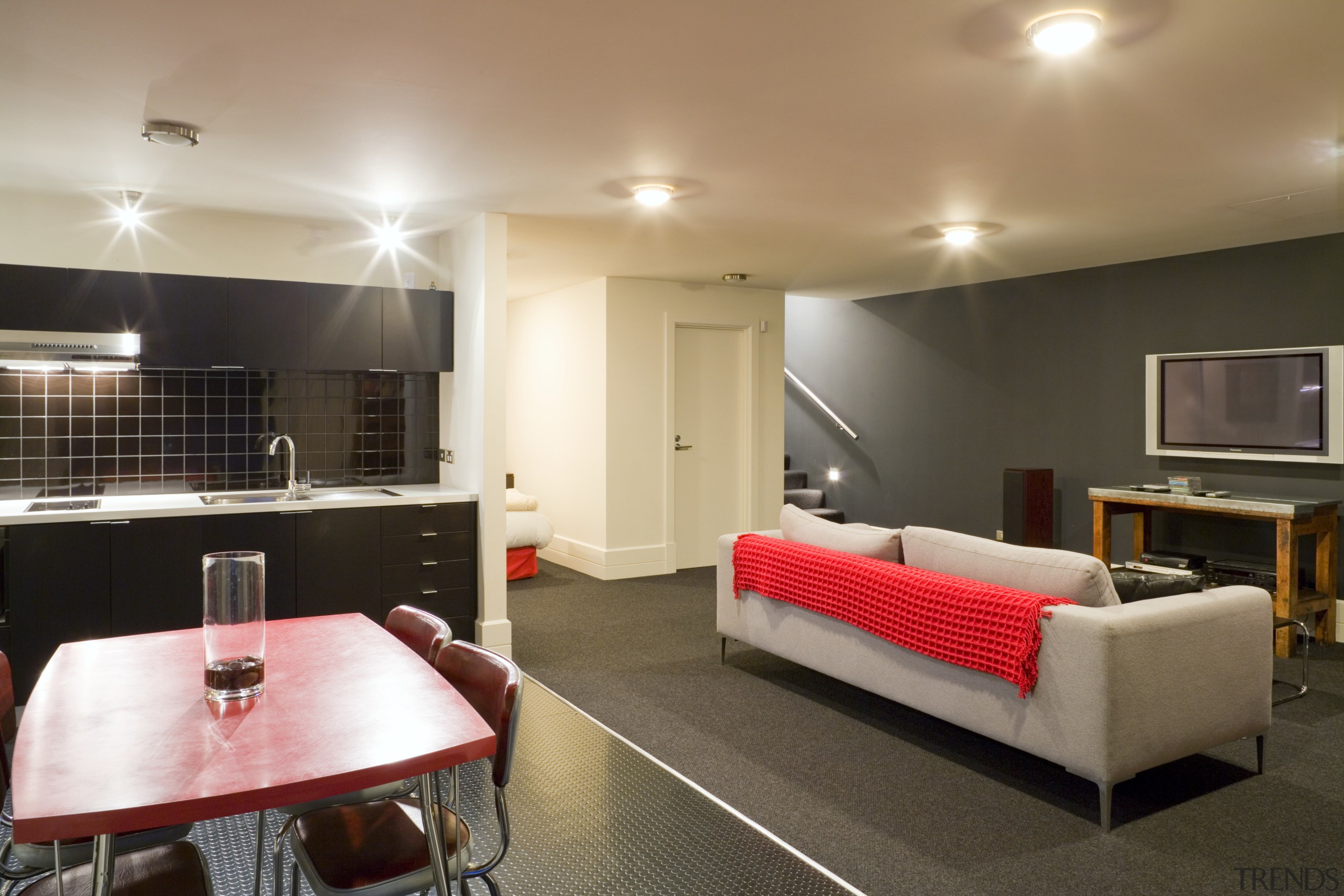 View of the kitchen which is at the ceiling, interior design, living room, real estate, room, suite, black