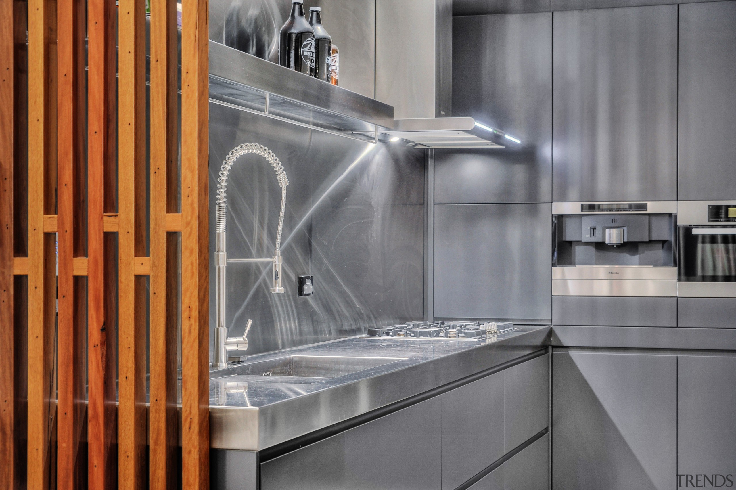 The wooden dividing wall in this loft kitchen architecture, countertop, interior design, kitchen, gray